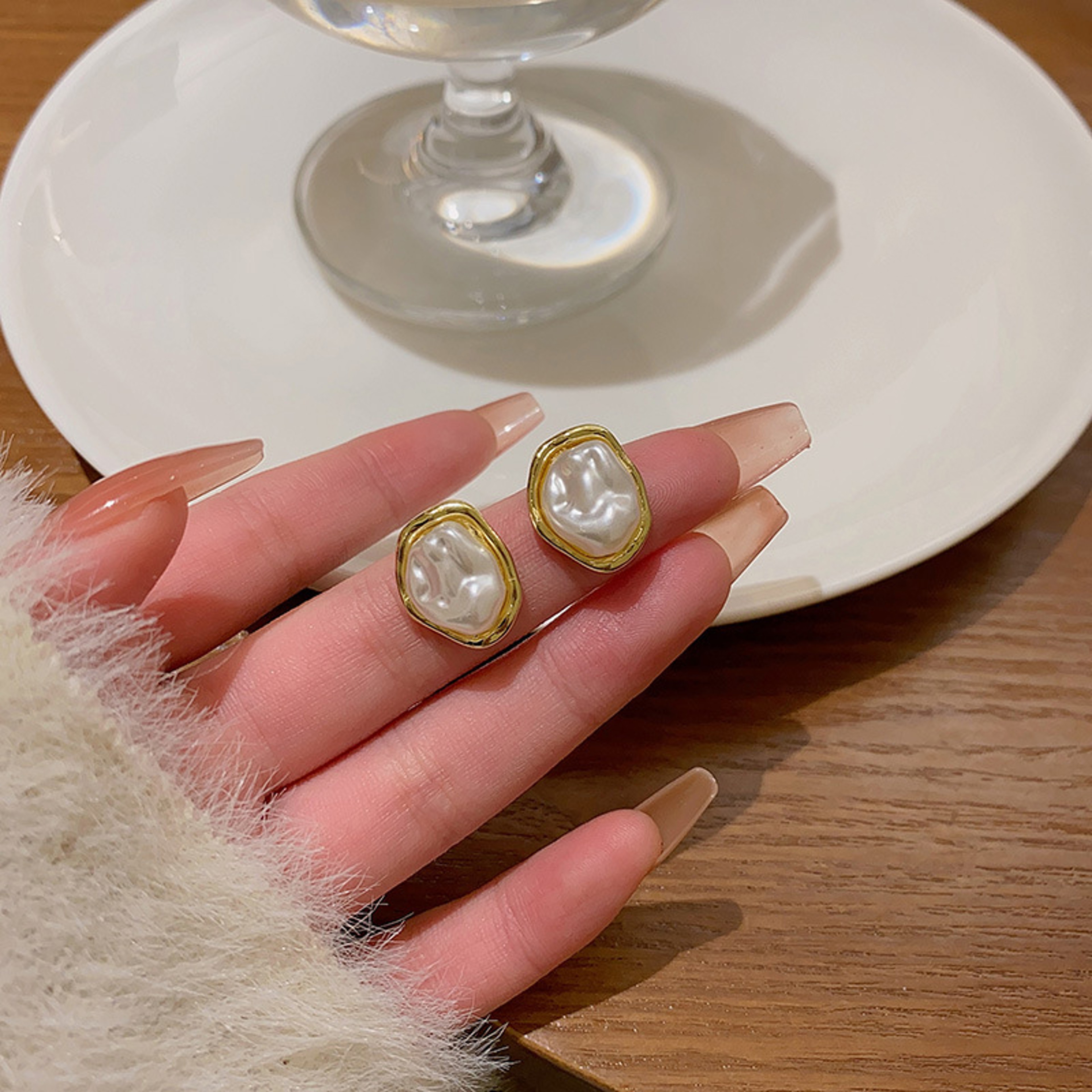 White Oval Irregular Geometric Earrings Modern Statement Earrings with Gold Accent – view 5