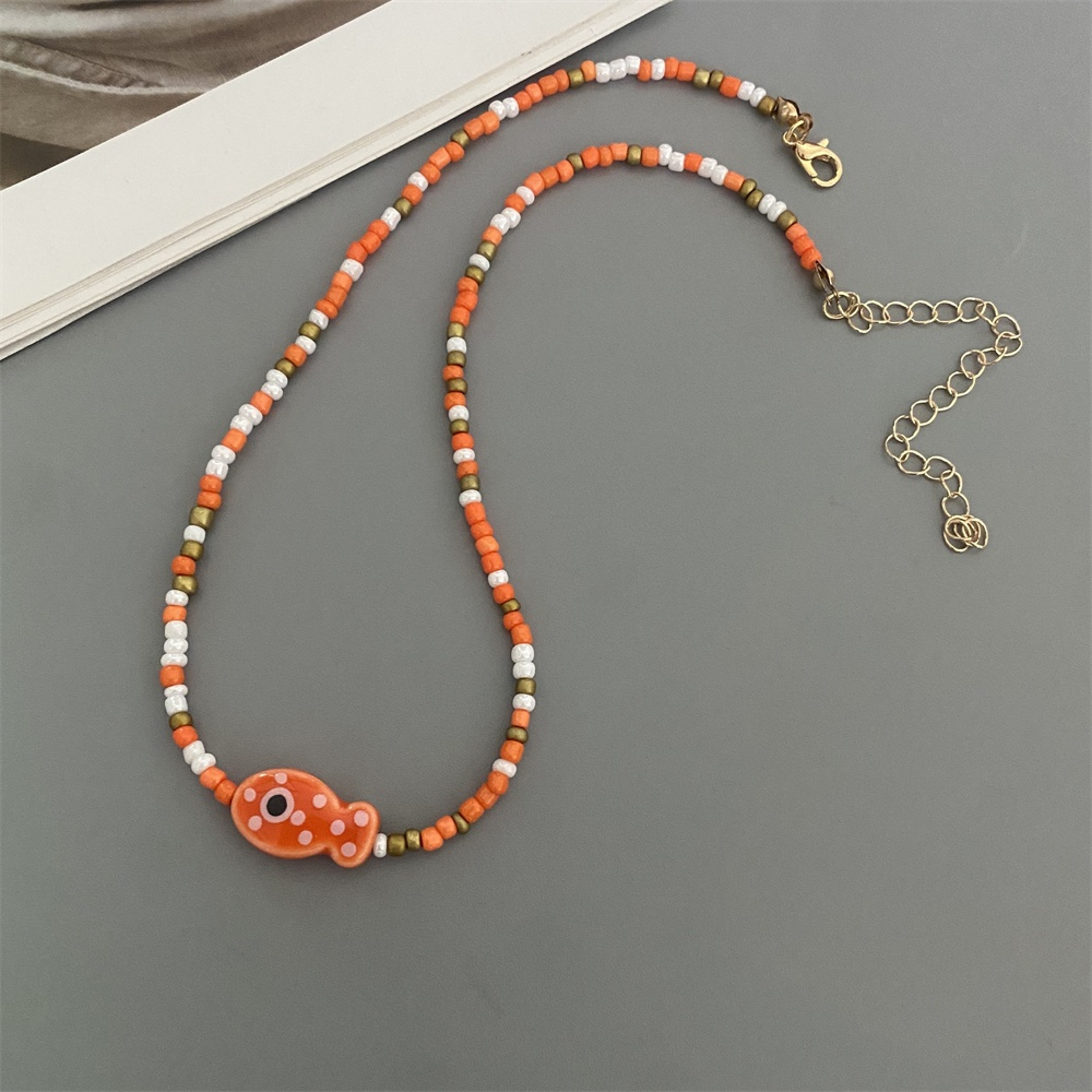 Handmade Fish Pendant Choker Ceramic Fish Necklace With Seed Beads For Women  Girls 5
