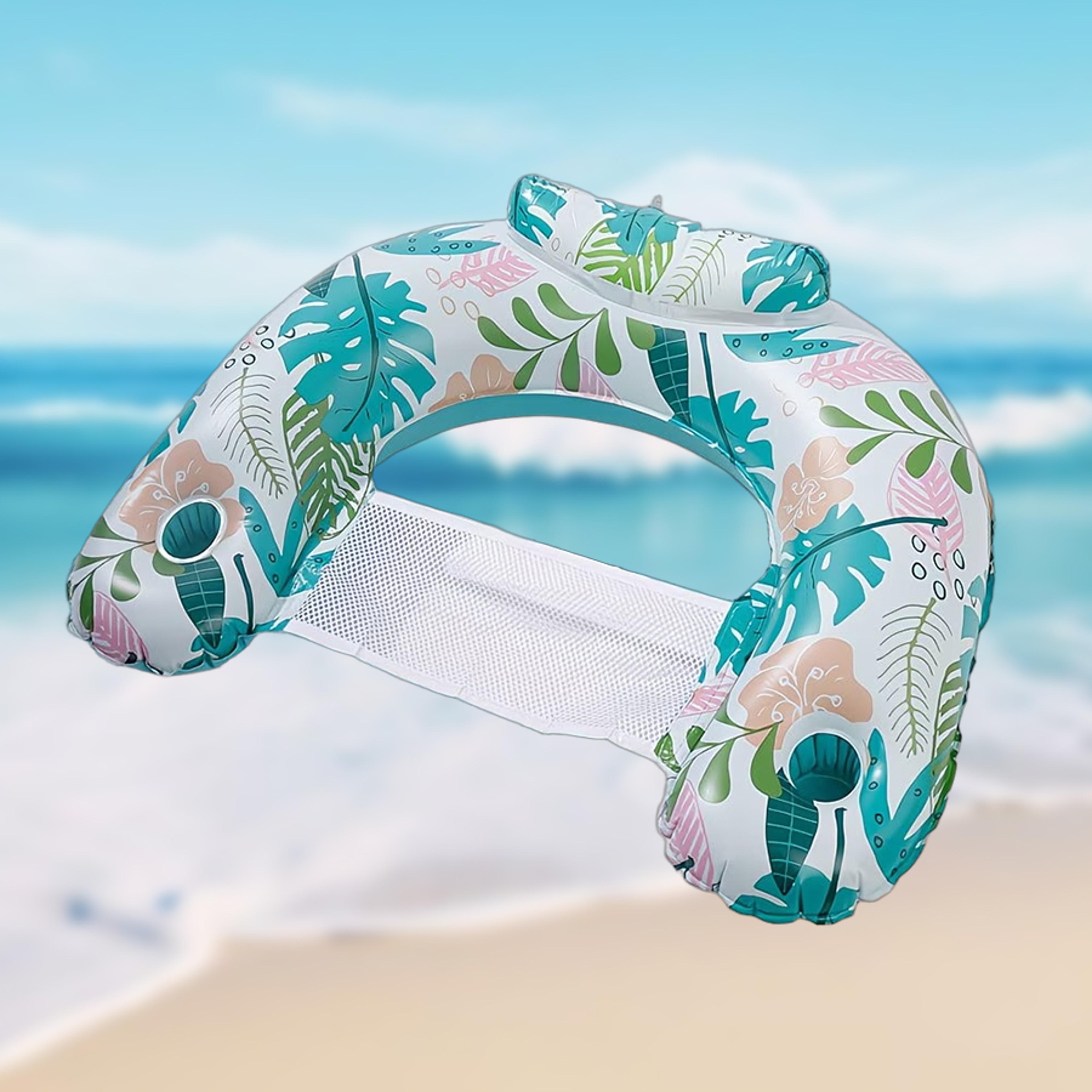 Tropical Leaf Pool Float Foldable Inflatable Pool Lounge Chair With Cup Holder For Adults 3