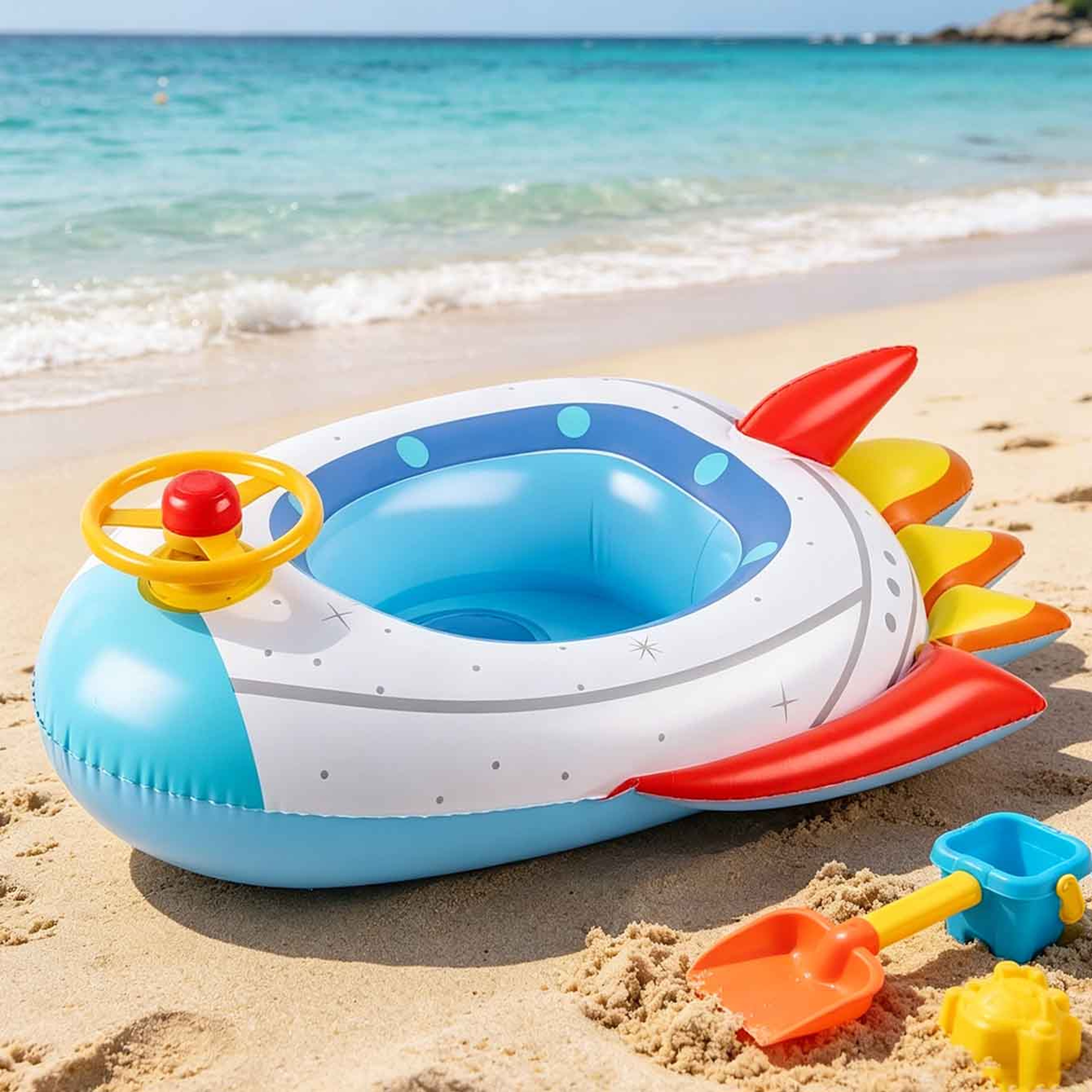 Rocket Adventure Kids Pool Float with Steering Wheel & Seat Inflatable Swim Ring for Summer Water Fun – view 4