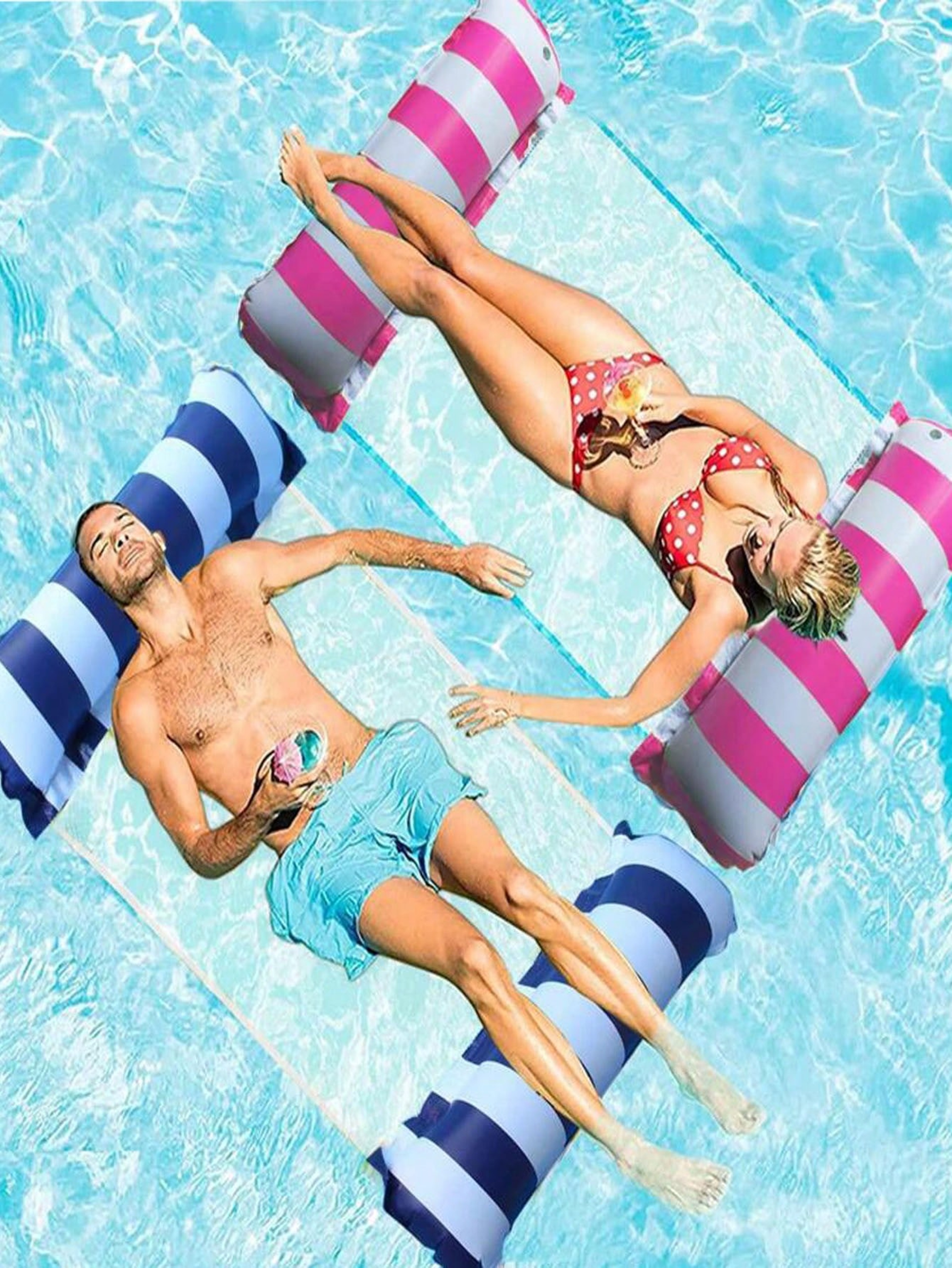 Foldable Striped Pool Lounge Chair Inflatable Pool Float With Net Backrest For Beach  Pool 0