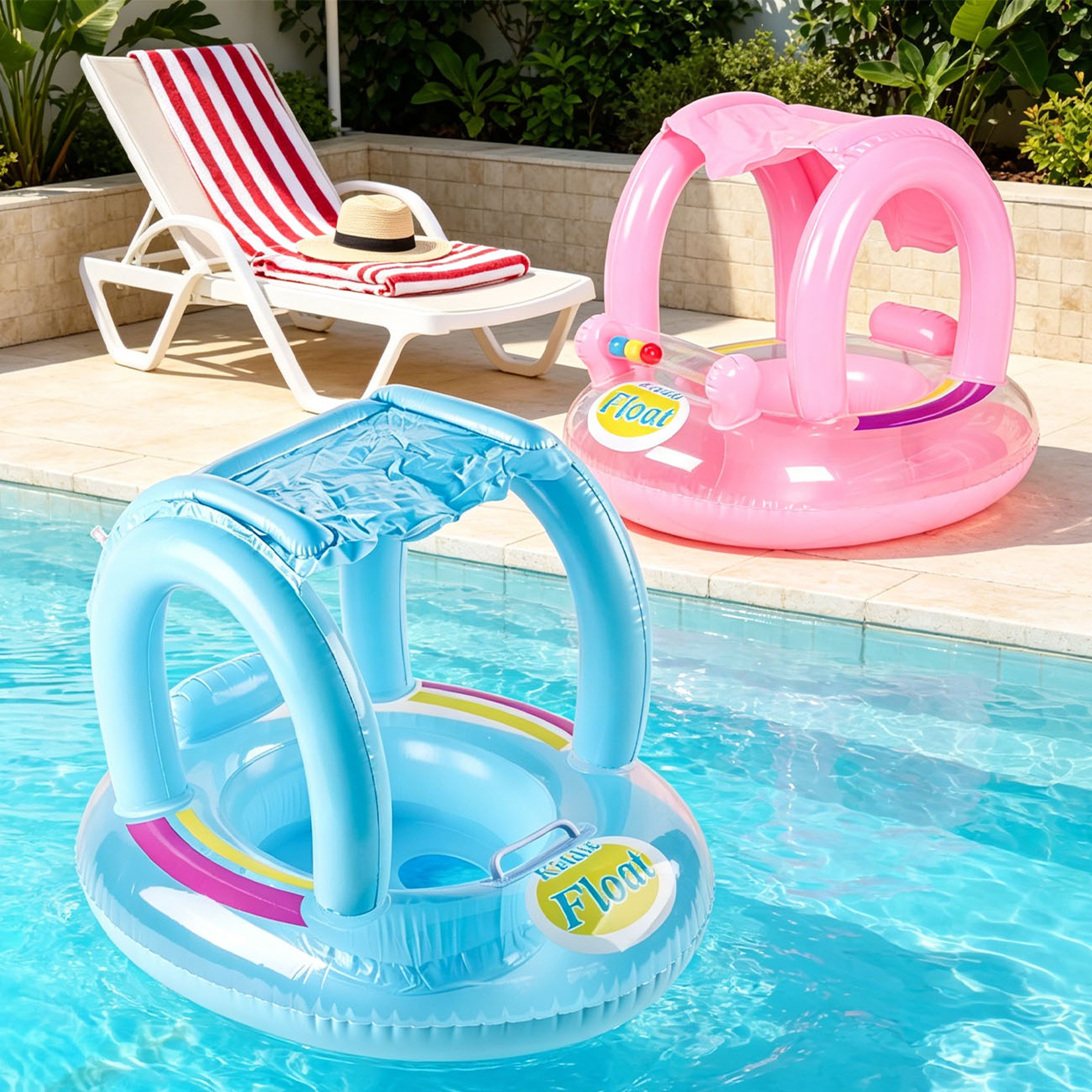 Inflatable Pool Float With Canopy Shade Floating Pool Lounge Chair With Back Support 0