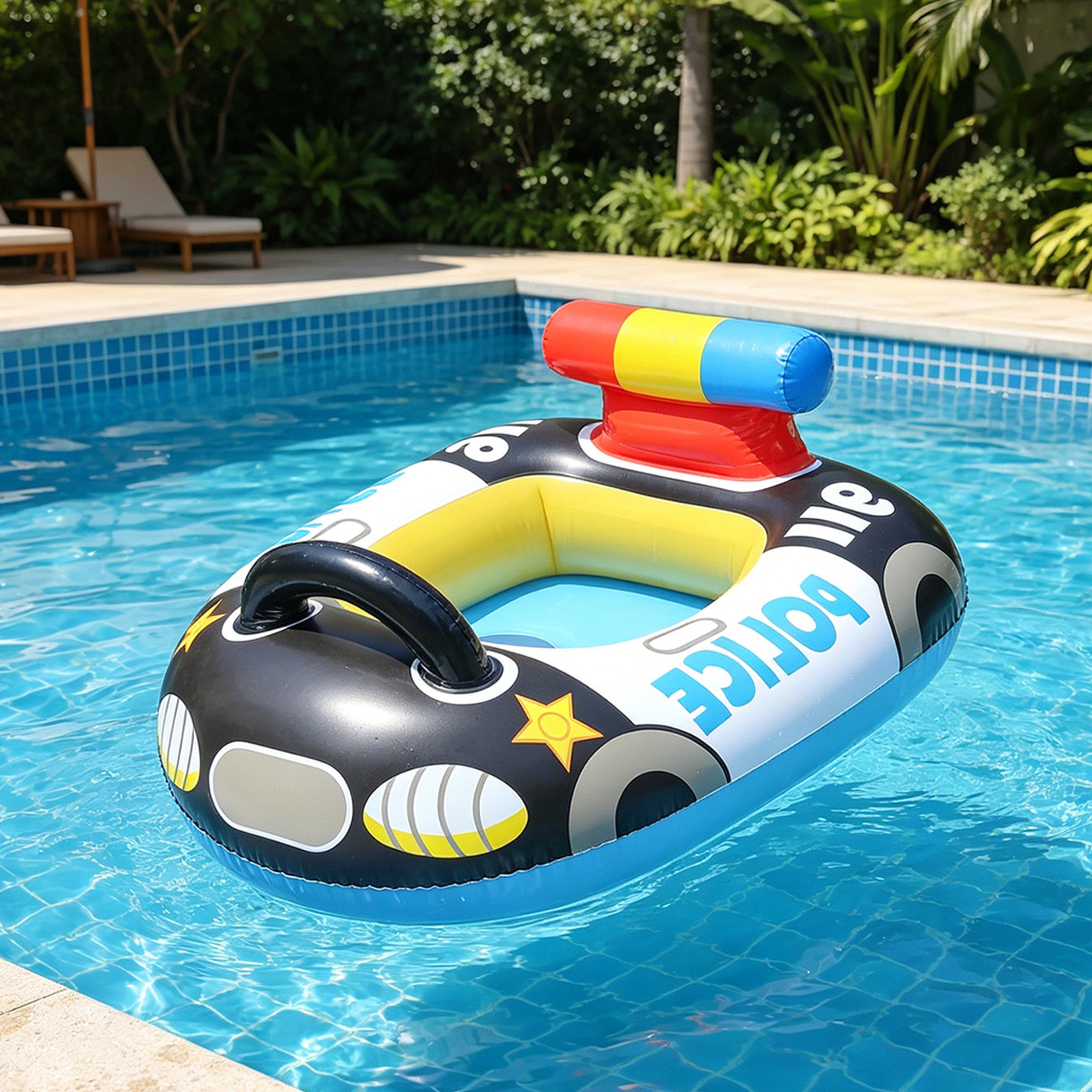 Inflatable Police Boat Pool Float With Backrest  Handles Durable PVC Kids Swim Ring Raft 3