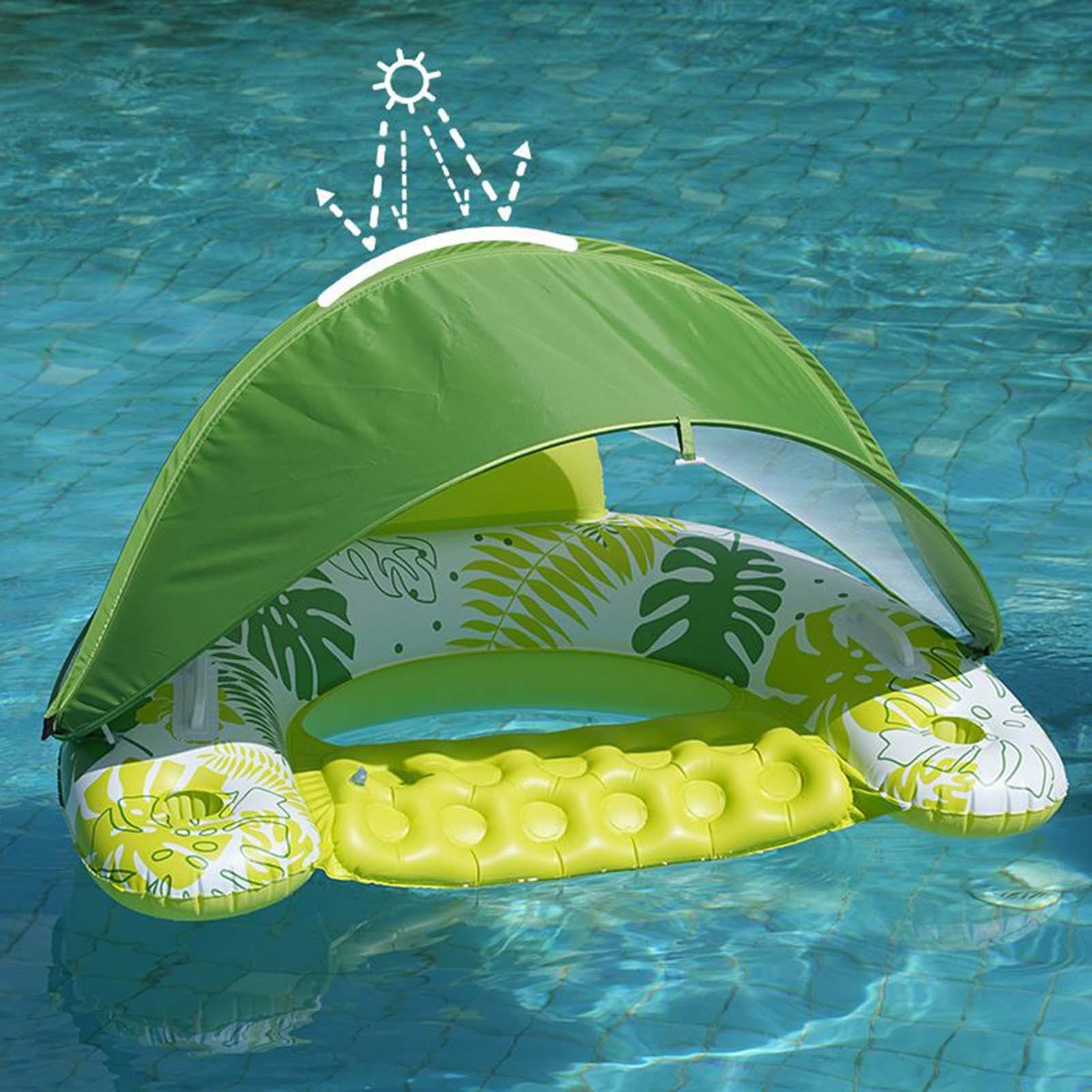 Inflatable Pool Float With Detachable Canopy Heavy Duty U Shape Pool Lounge Chair With Cup Holder 1