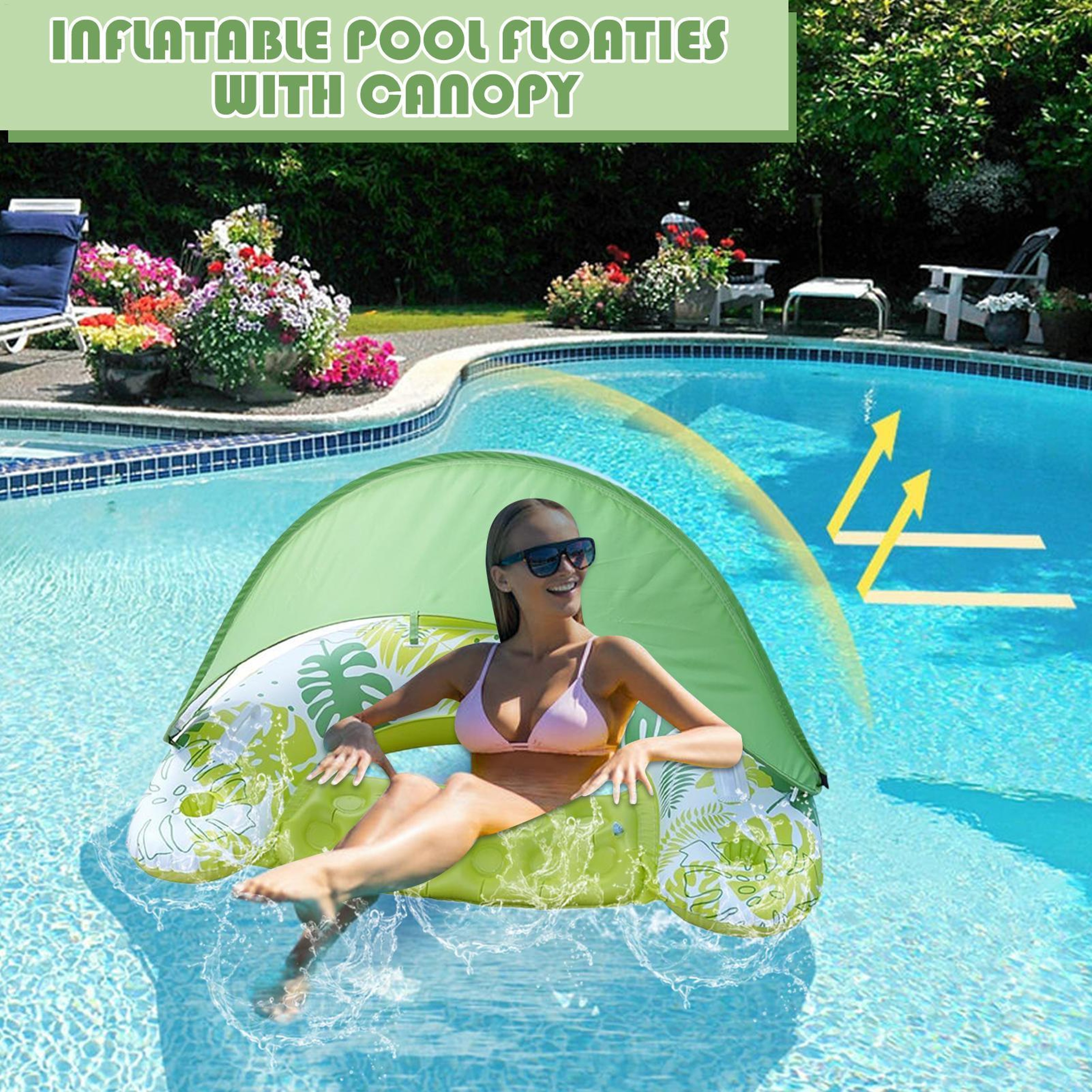 Inflatable Pool Float With Detachable Canopy Heavy Duty U Shape Pool Lounge Chair With Cup Holder 4
