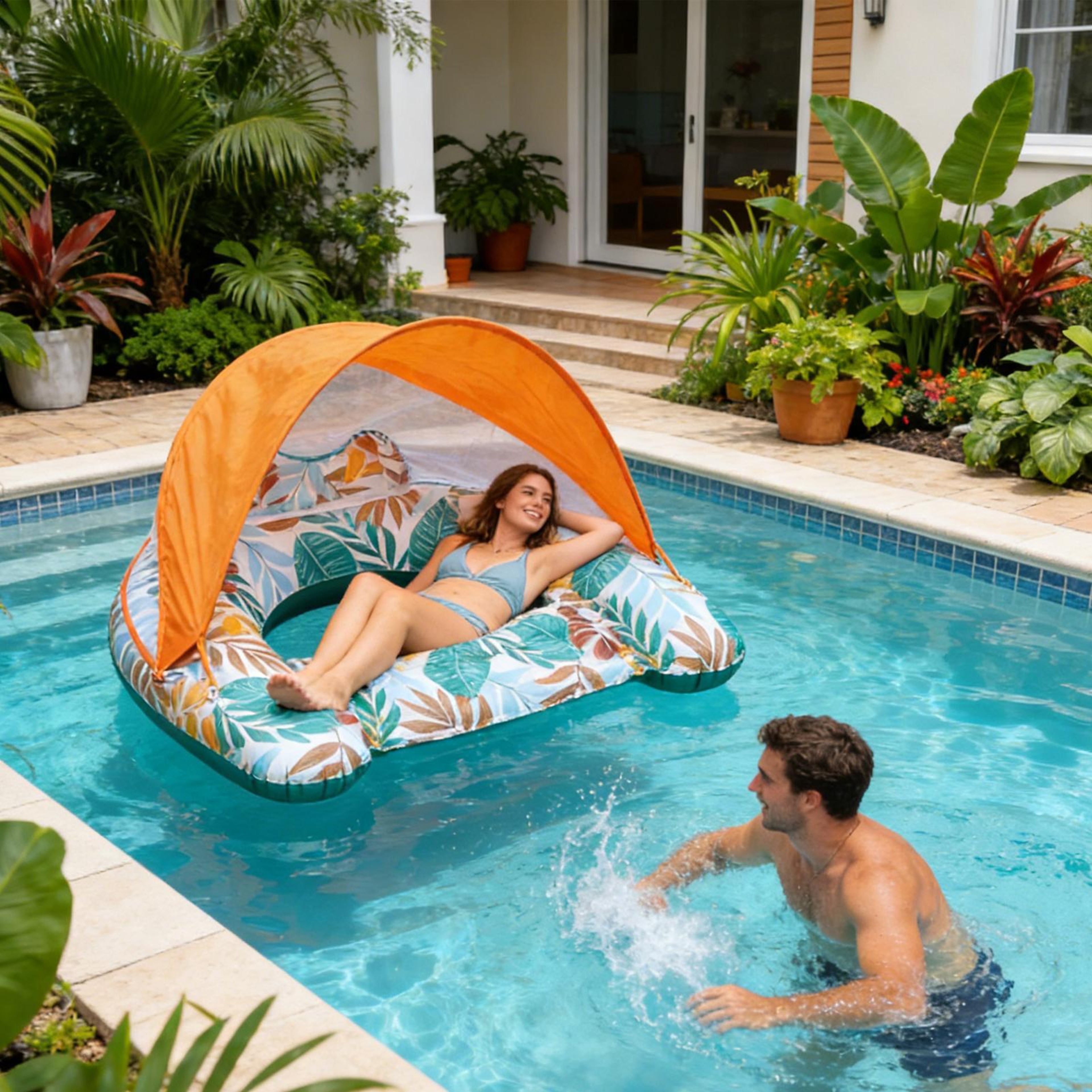 Inflatable Pool Float With Canopy  Headrest Adult Pool Lounge Floating Chair 0