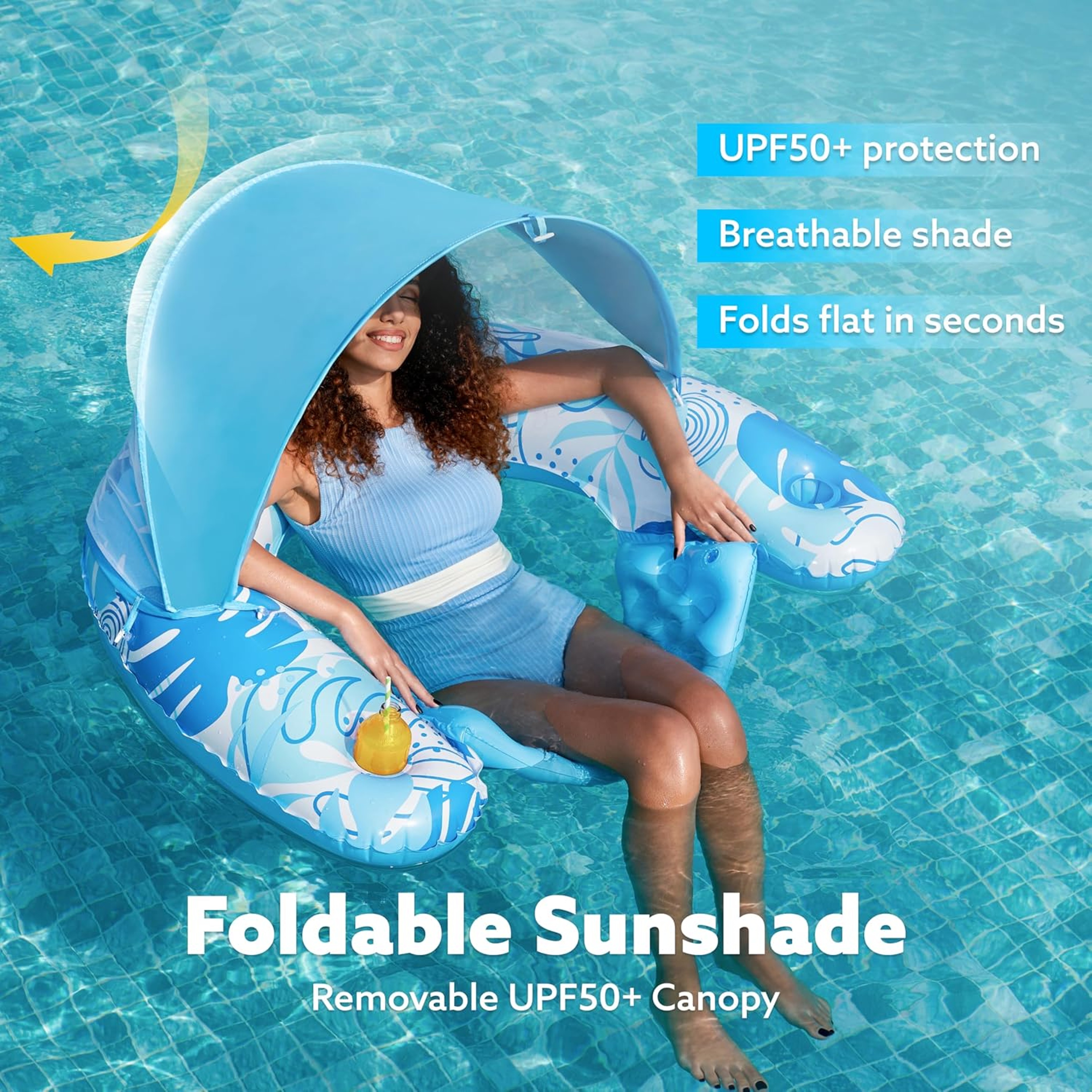 Inflatable Pool Float With Canopy  Cup Holders Adult Pool Lounge Chair Floating Recliner 1
