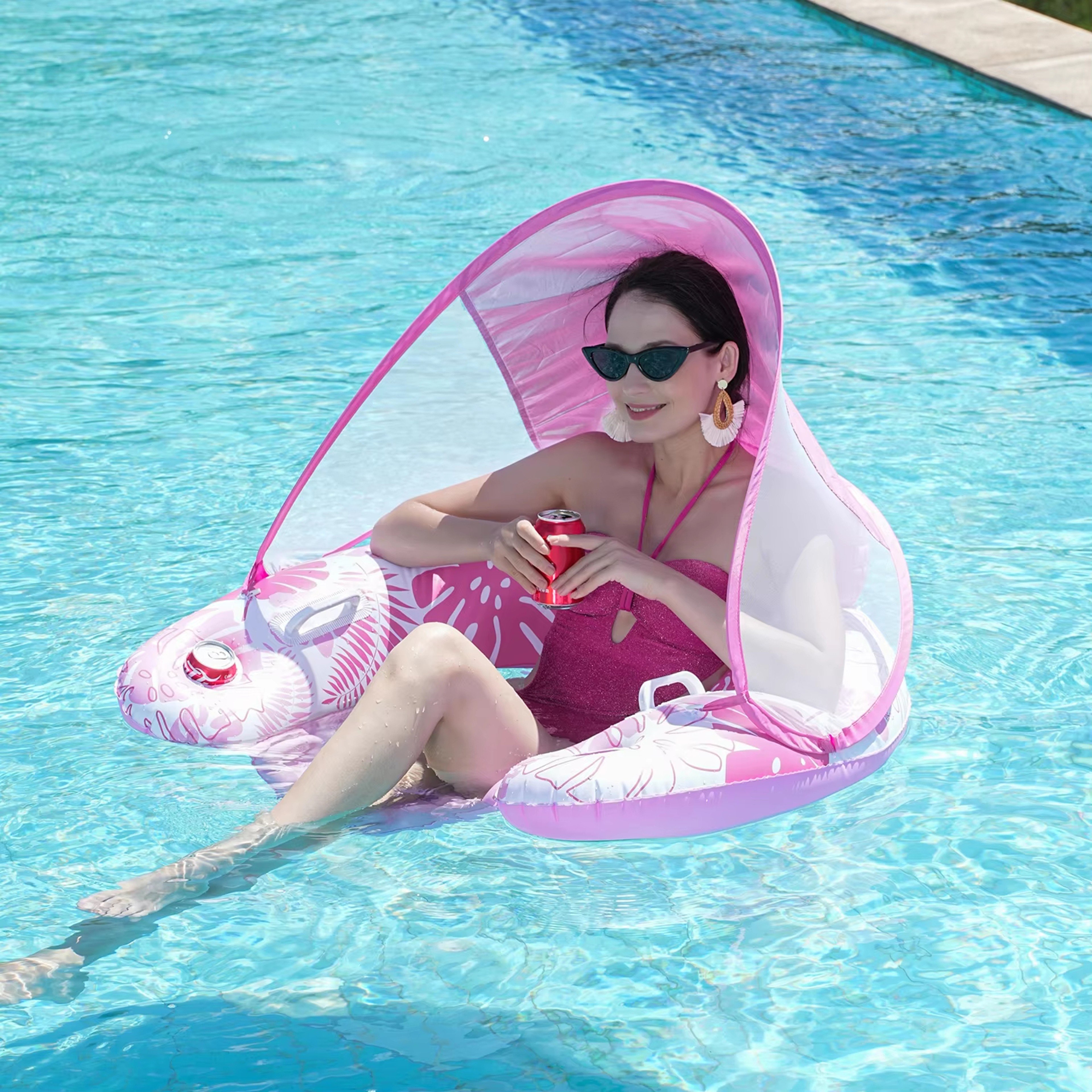 Inflatable Pool Float With Canopy  Cup Holders Adult Pool Lounge Chair Floating Recliner 0