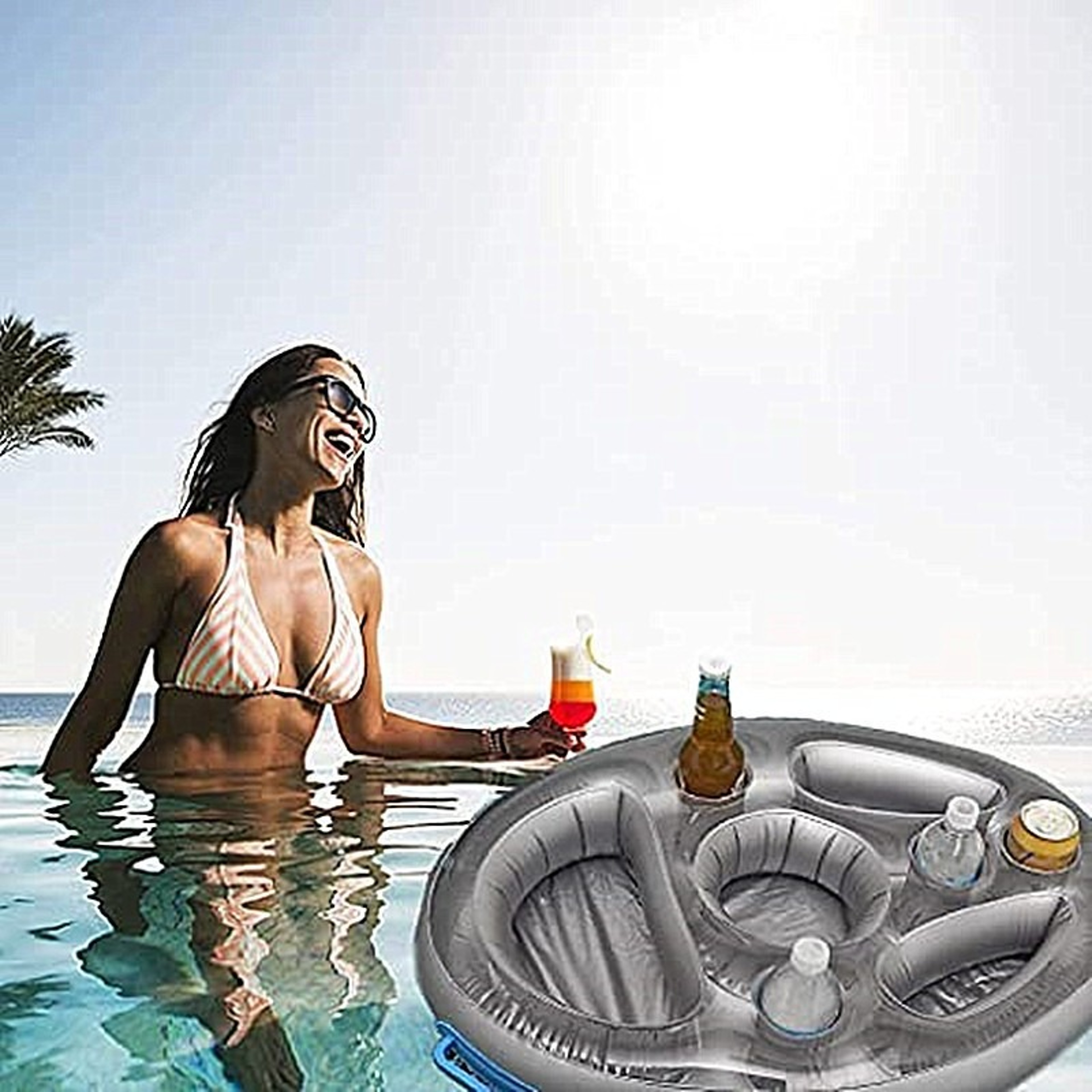 Floating Pool Bar Inflatable Drink Tray With Cooler  Multi Cup Holders 3
