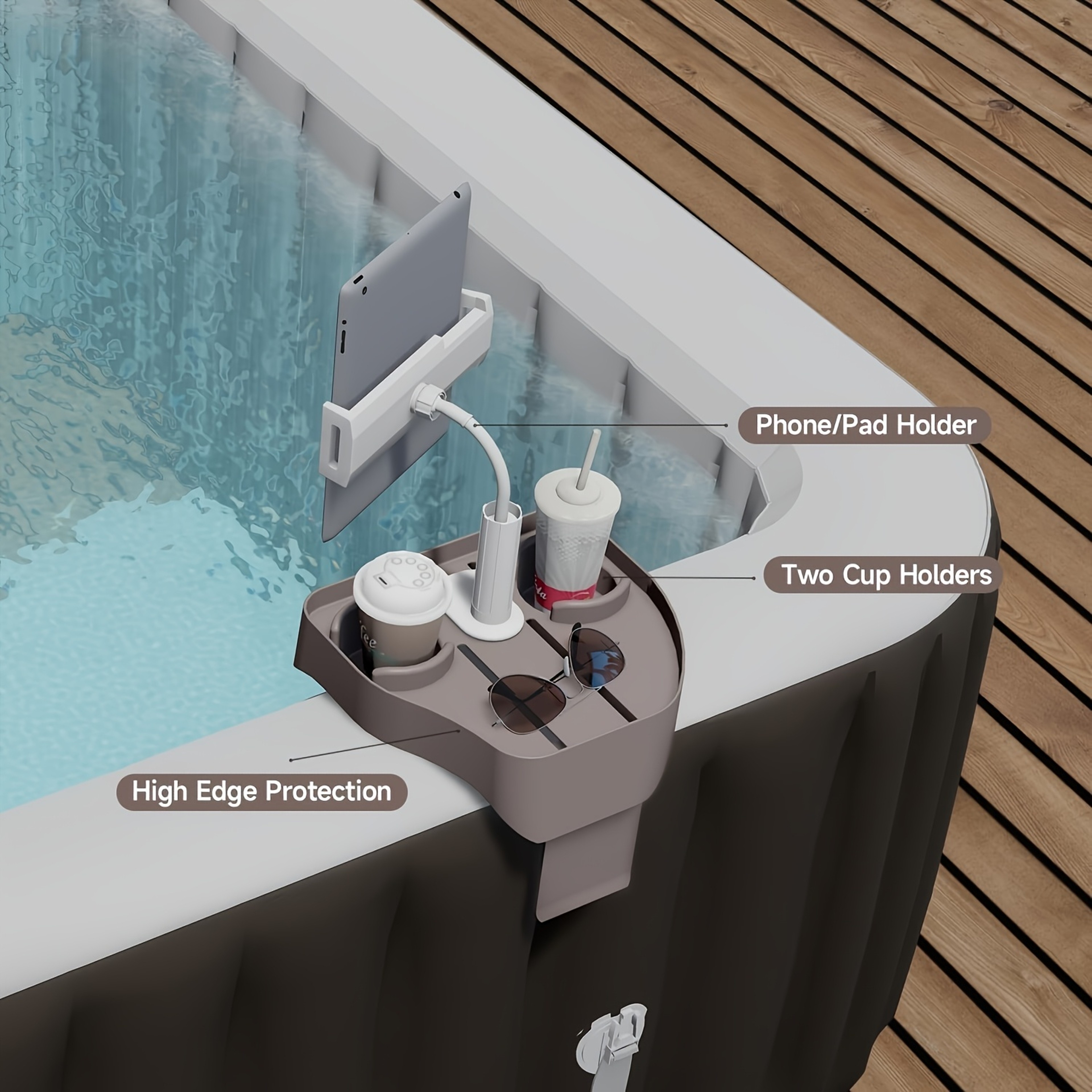 Adjustable Hot Tub Tray Table with Clip On Pool Cup Holder & Phone Holder – view 2