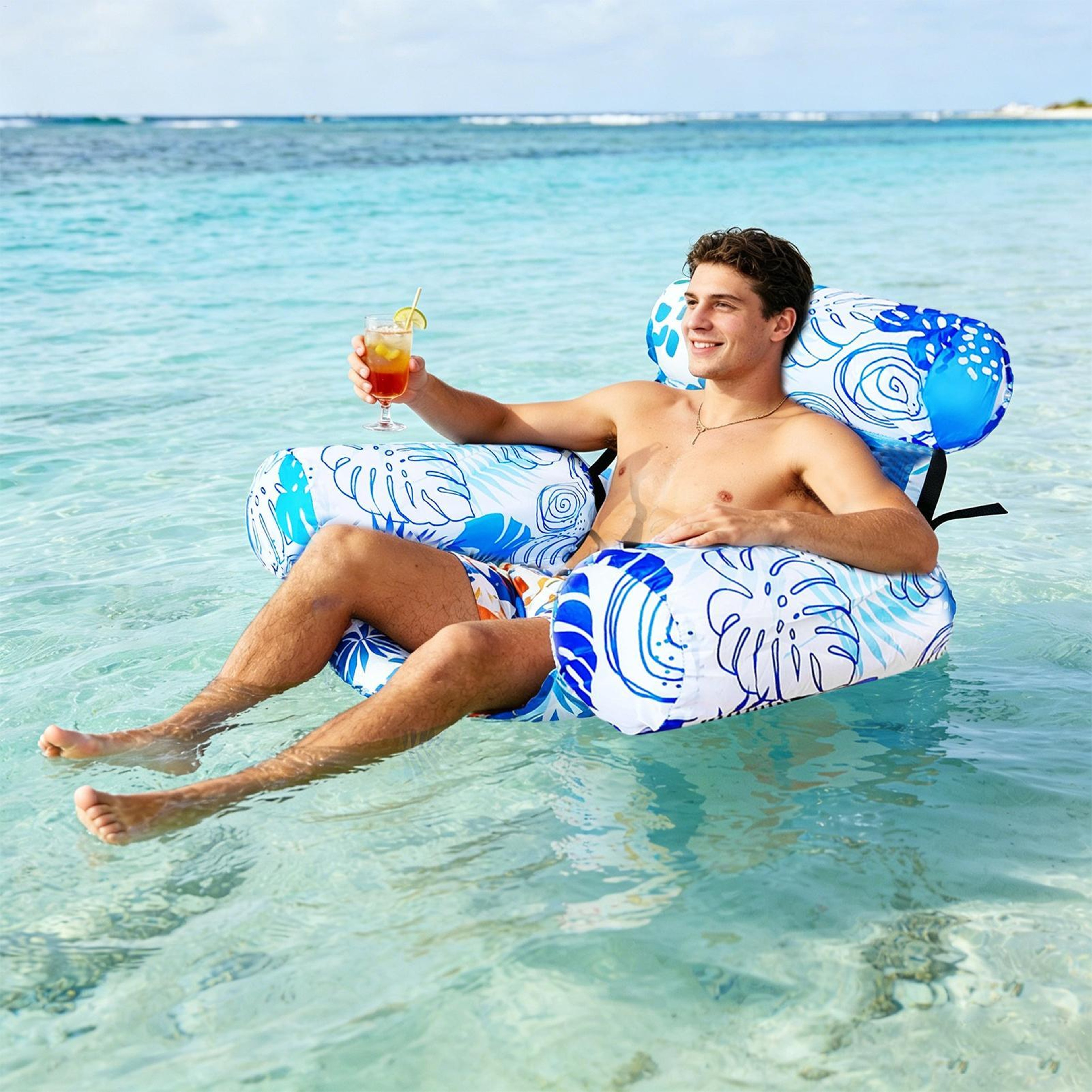 Tropical Inflatable Pool Float Lounge Chair For Adults Blue Floating Lounge Chair With Tropical Pri 1