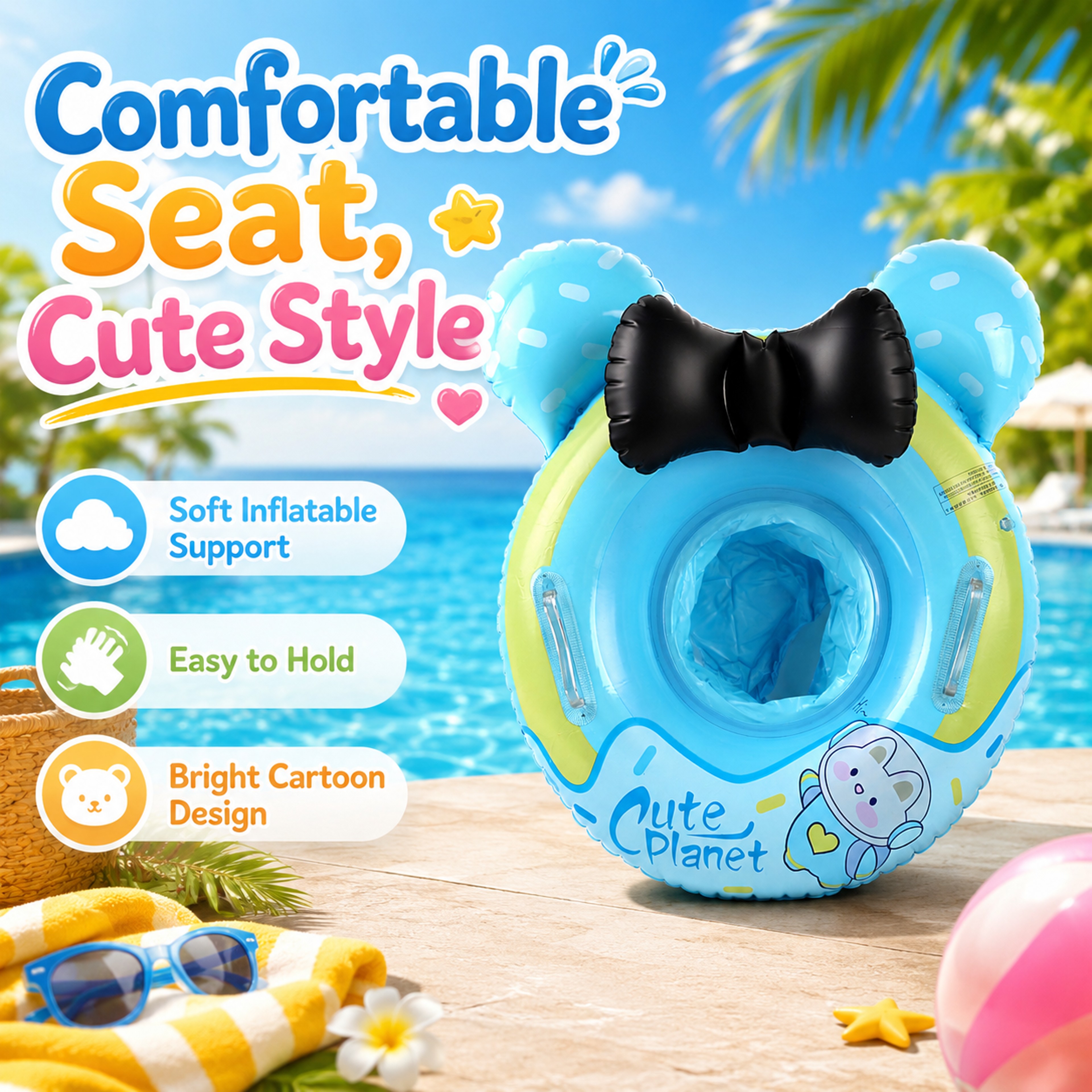 Cute Planet Inflatable Swim Seat With Backrest  Handles Pool Float With Backrest For Kids Summer Fu 0
