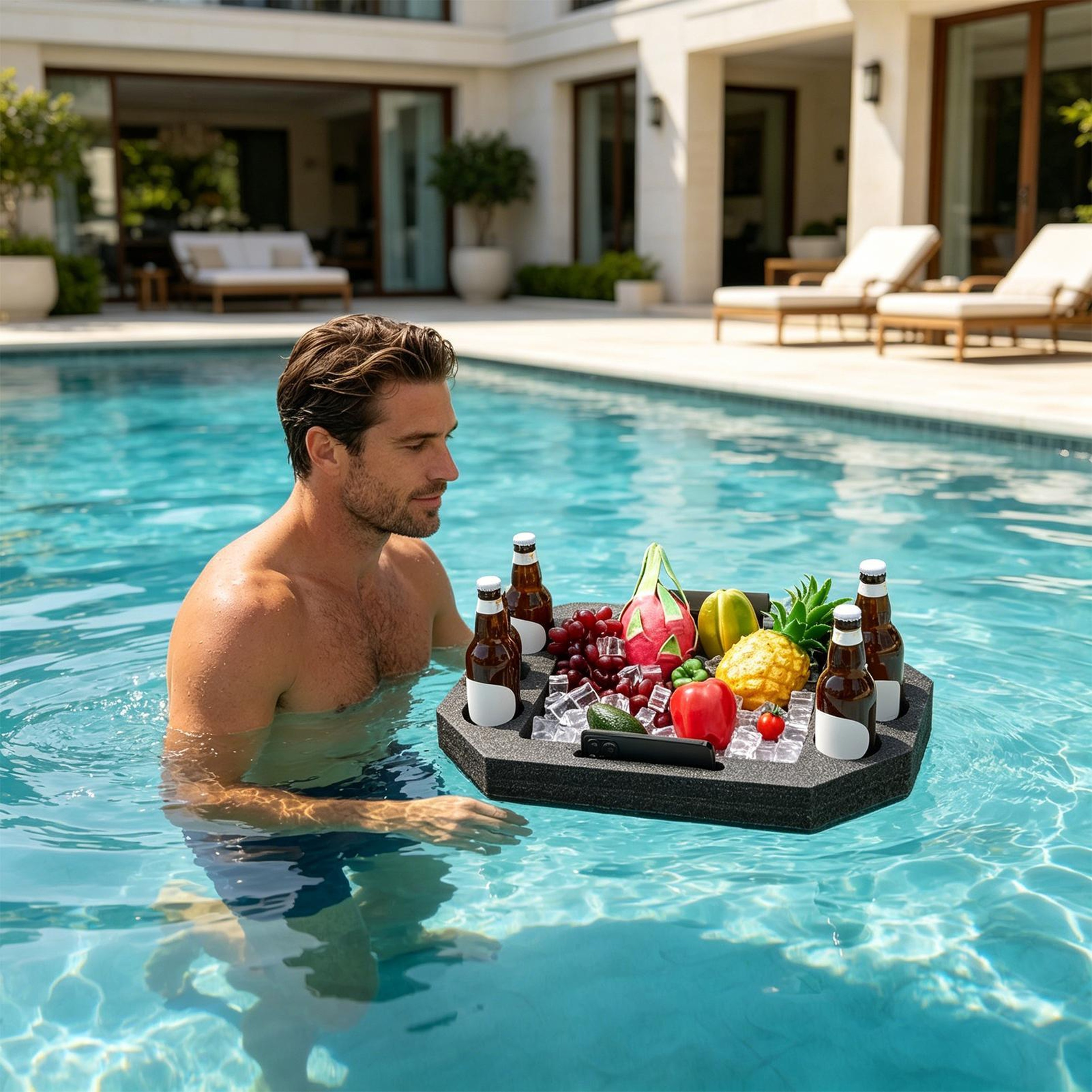 Large Floating Pool Tray with Built In Dividers & Pool Drink Holder for Snacks and Beverages – view 4