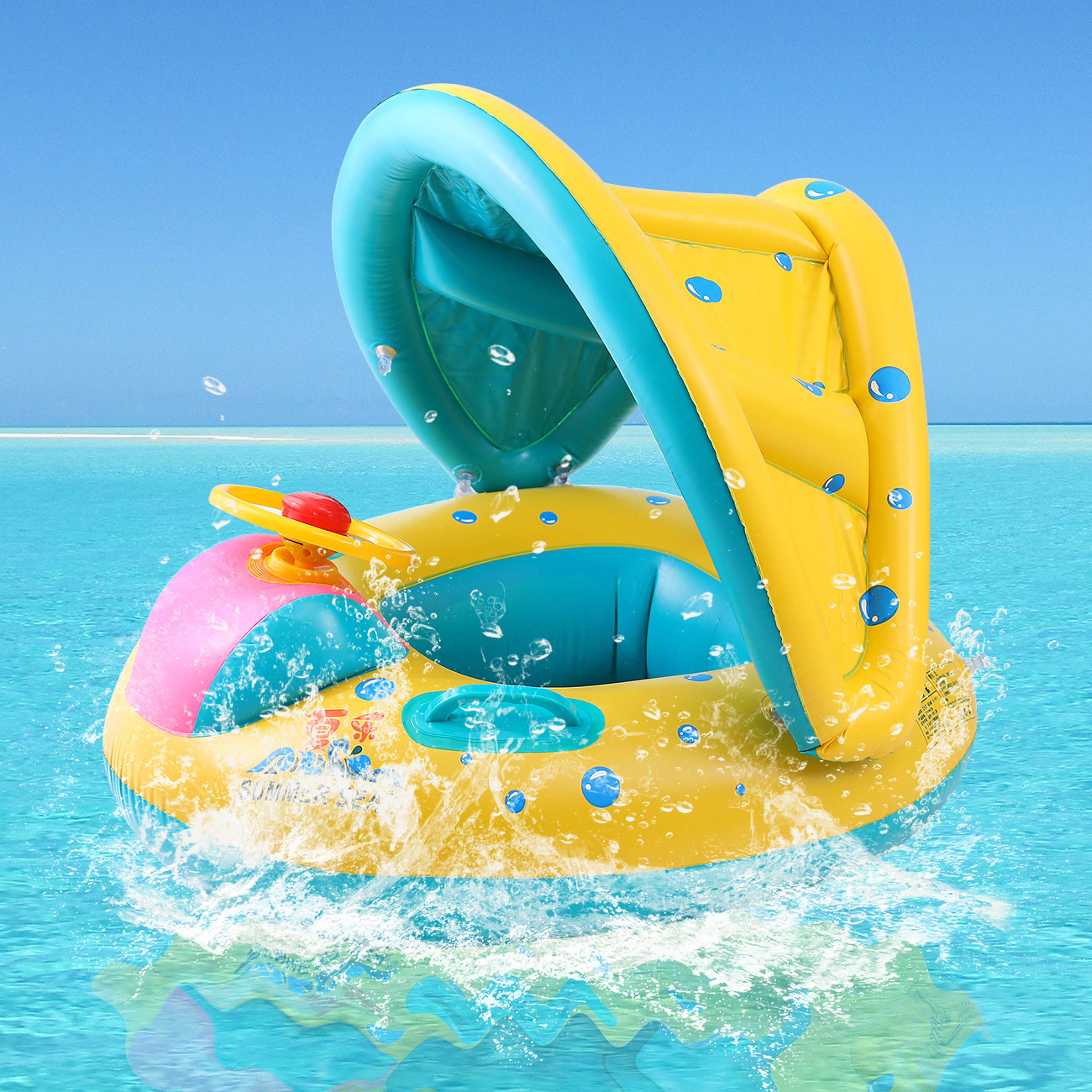 Inflatable Pool Float with Canopy Airplane Kids Pool Float Seat with Steering Wheel & Handles – view 4