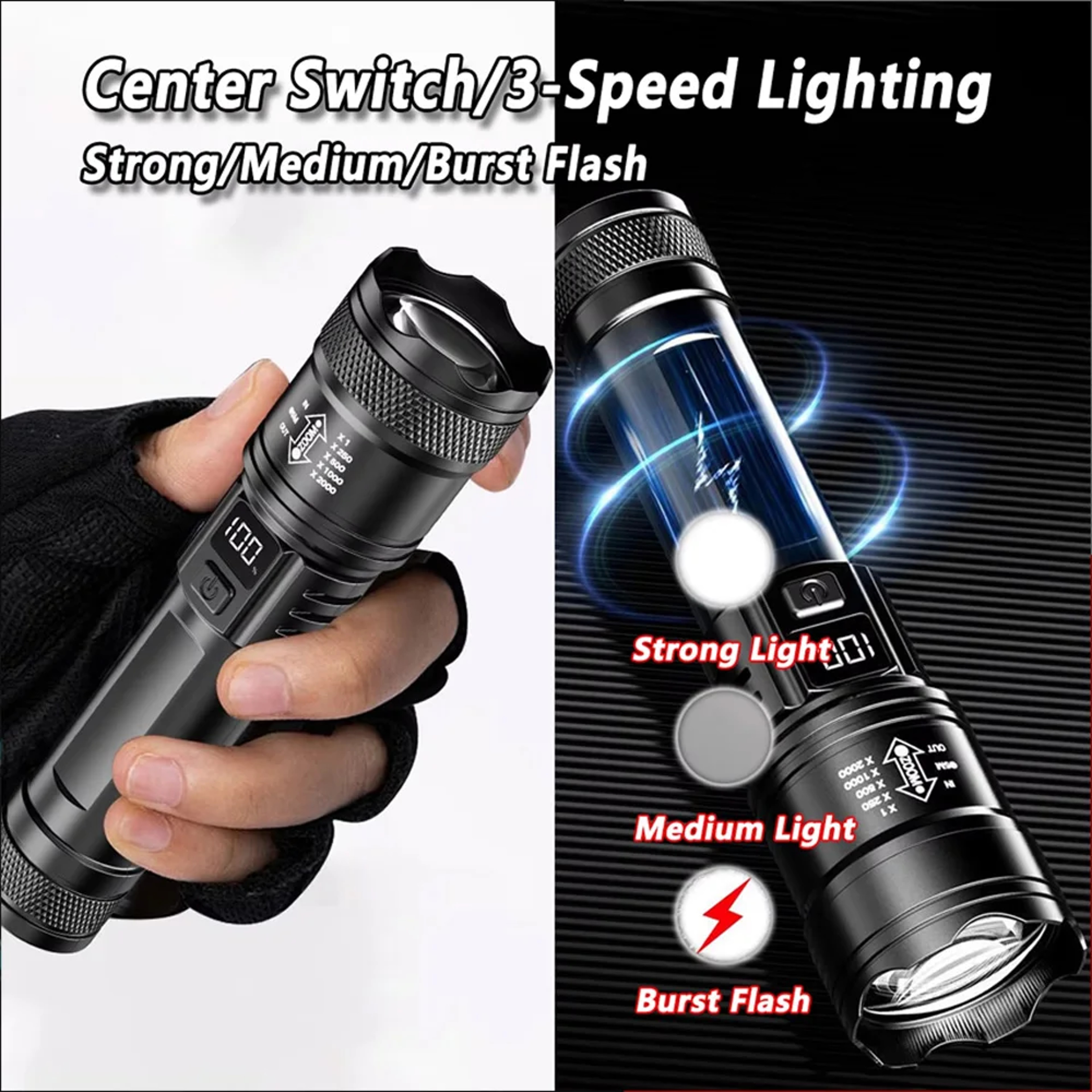 Rechargeable LED Flashlight With LCD Display Zoomable Waterproof Tactical Flashlight For Camping  E 2