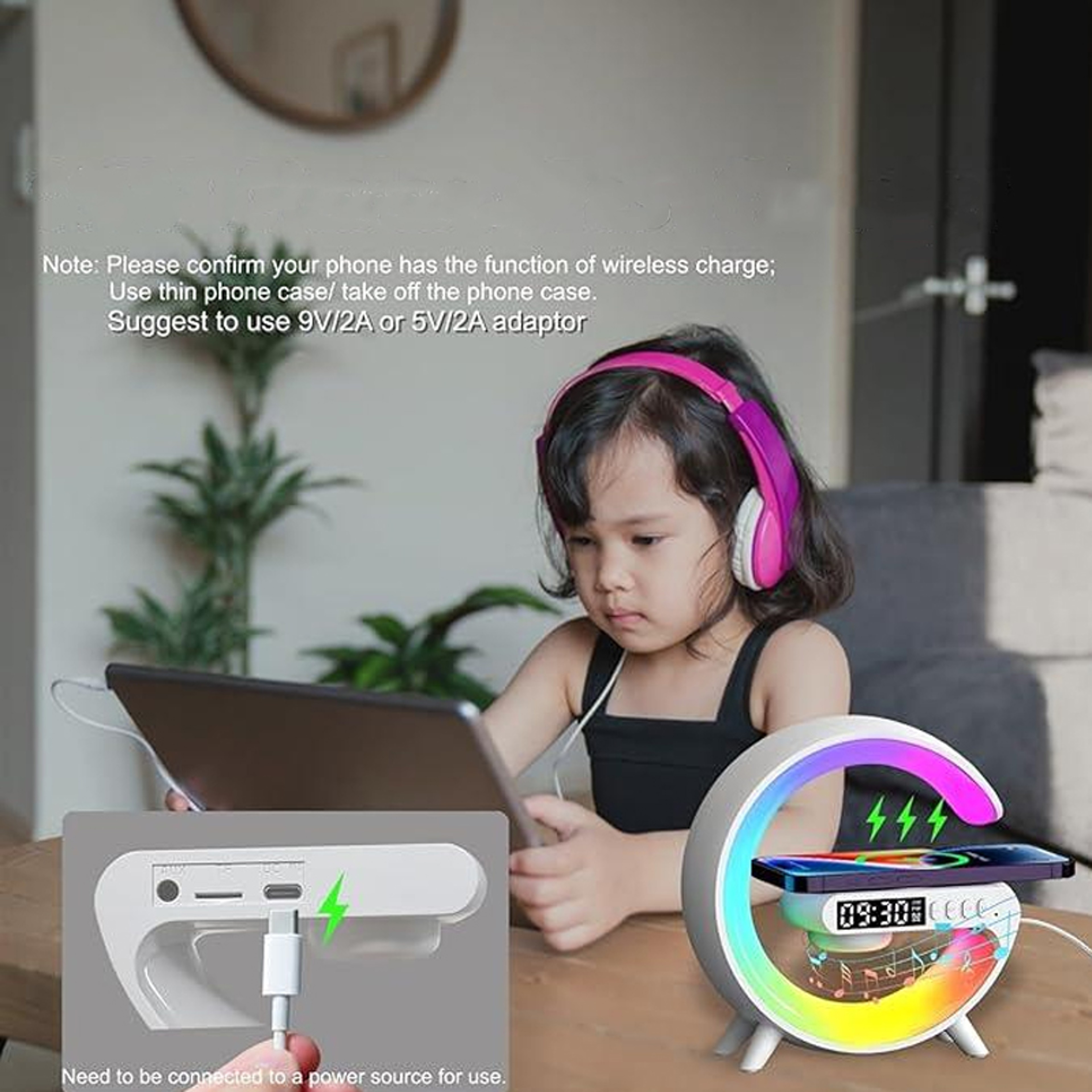 Smart Wireless Charging Station With RGB Night Light Bluetooth Speaker  Alarm Clock 2