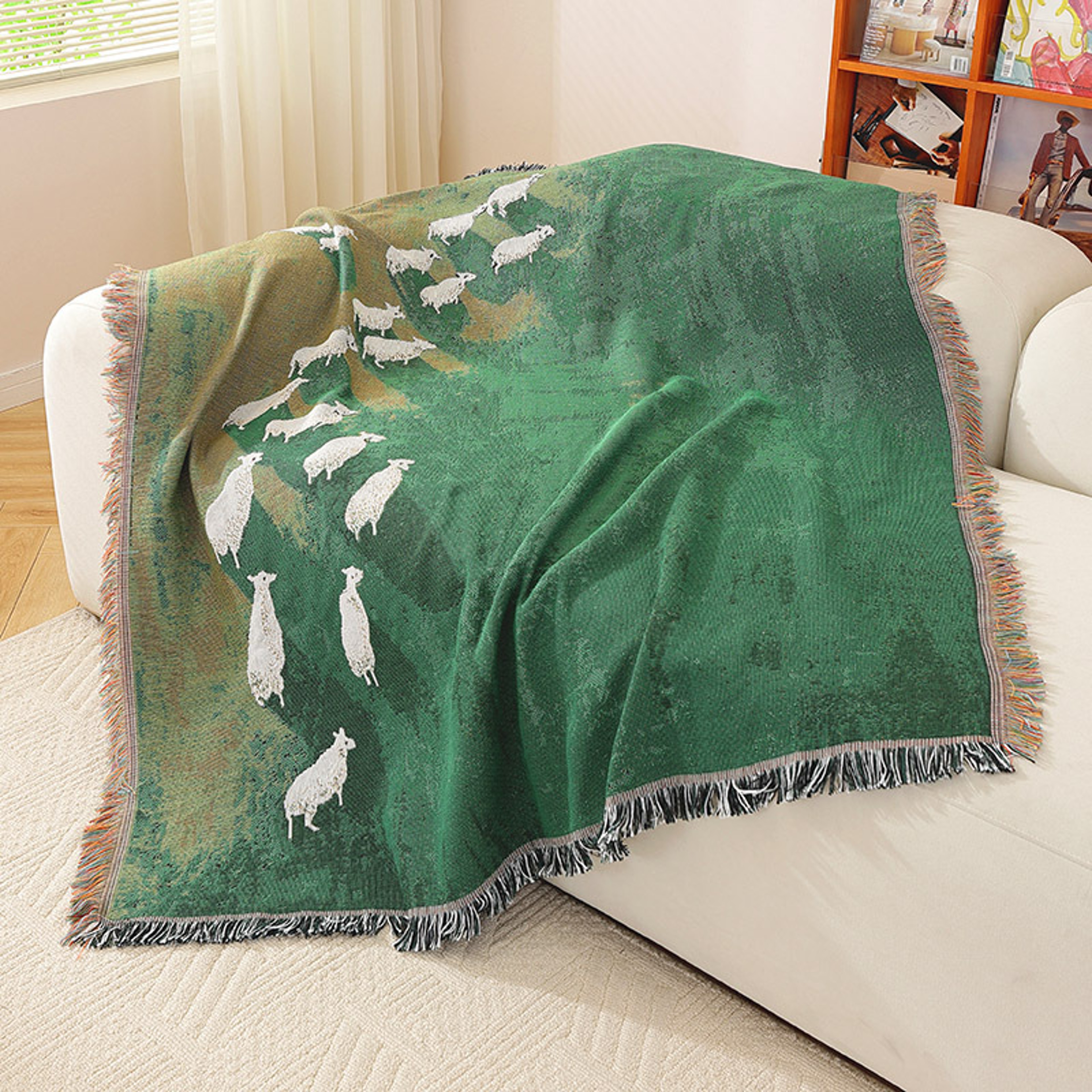 Countryside Jacquard Woven Throw Blanket with Sheep Meadow Design & Fringed Farmhouse Decor – view 2