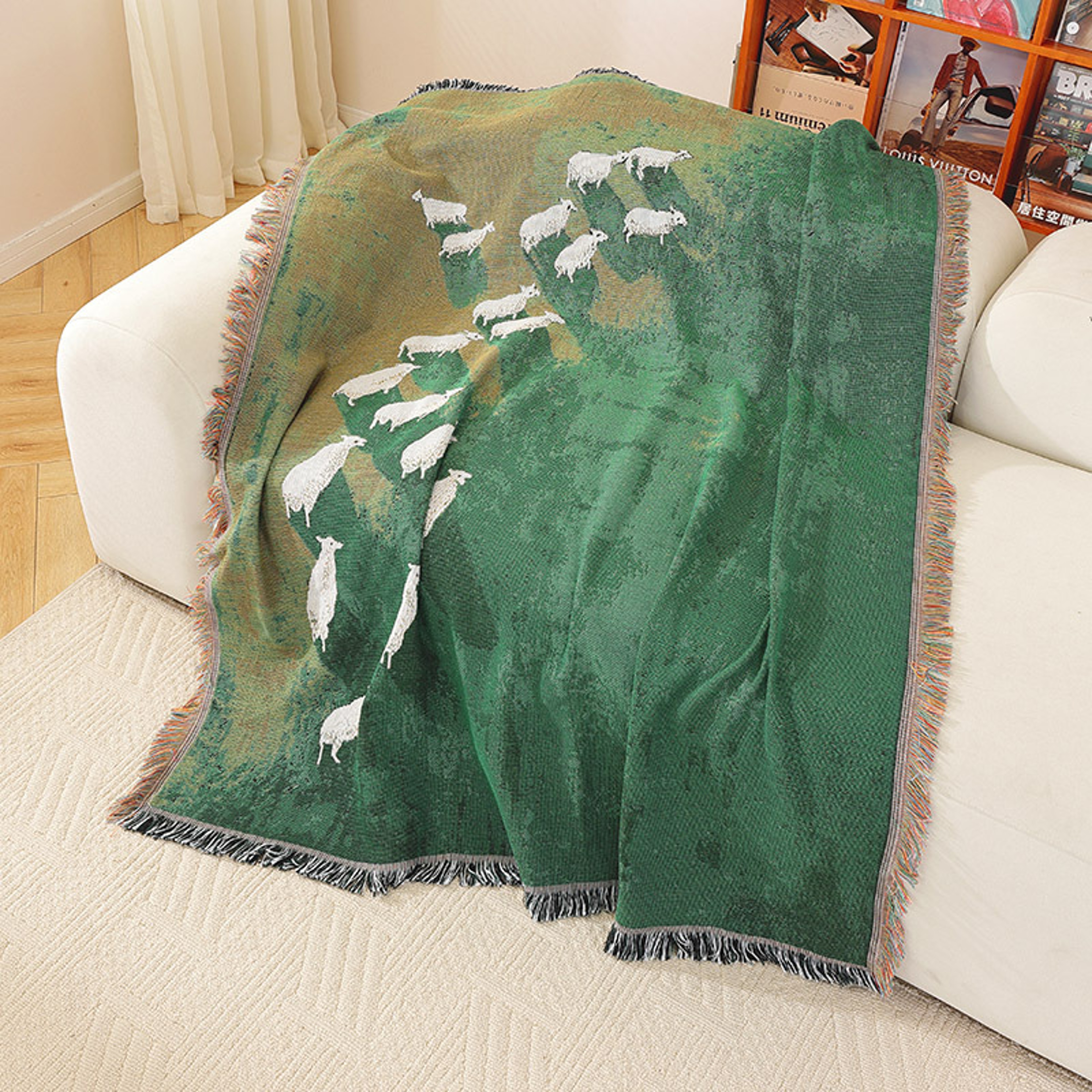 Countryside Jacquard Woven Throw Blanket with Sheep Meadow Design & Fringed Farmhouse Decor – view 3