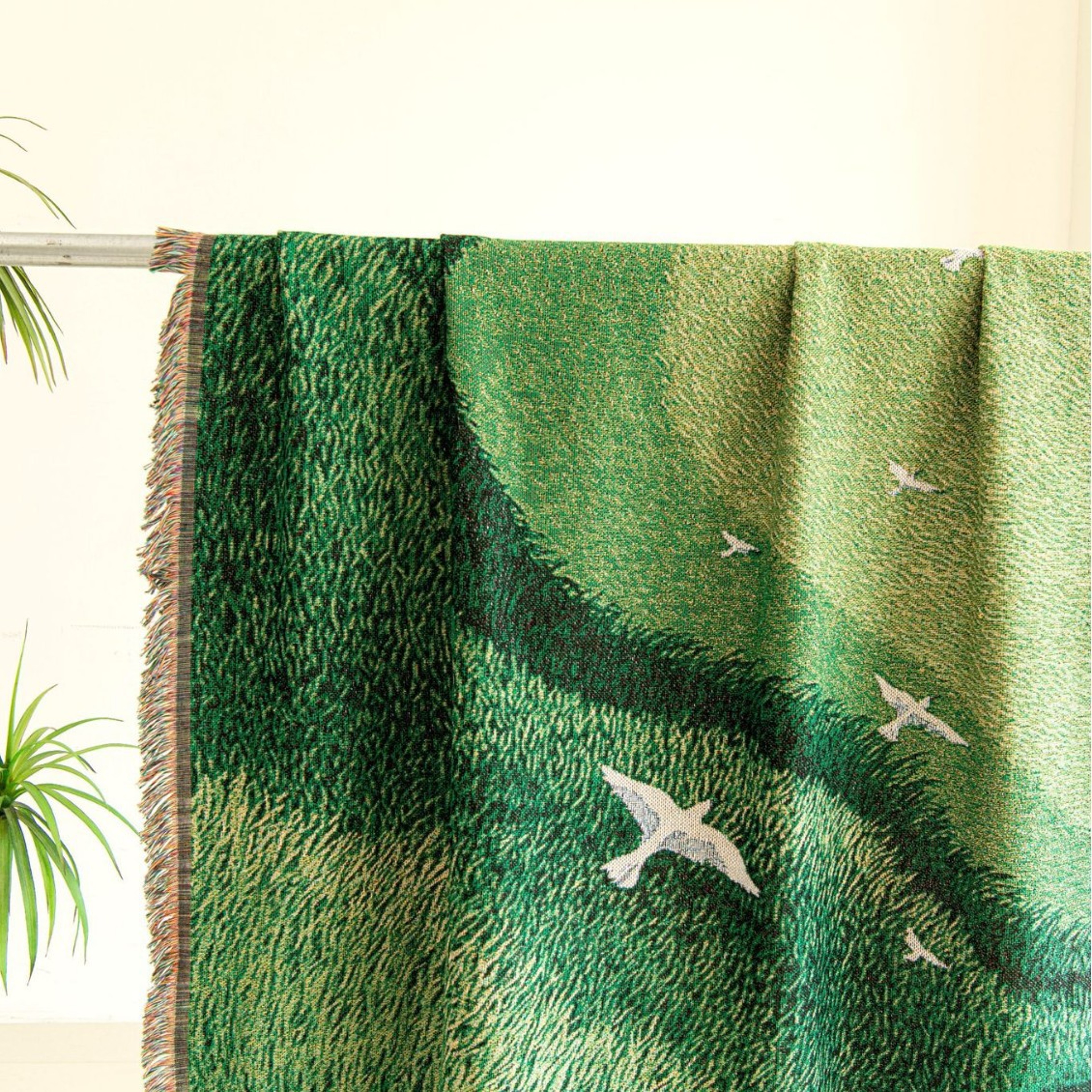 Abstract Landscape Woven Throw Blanket with Flying Birds Fringed Nature Decor Sofa & Bed Throw – view 4