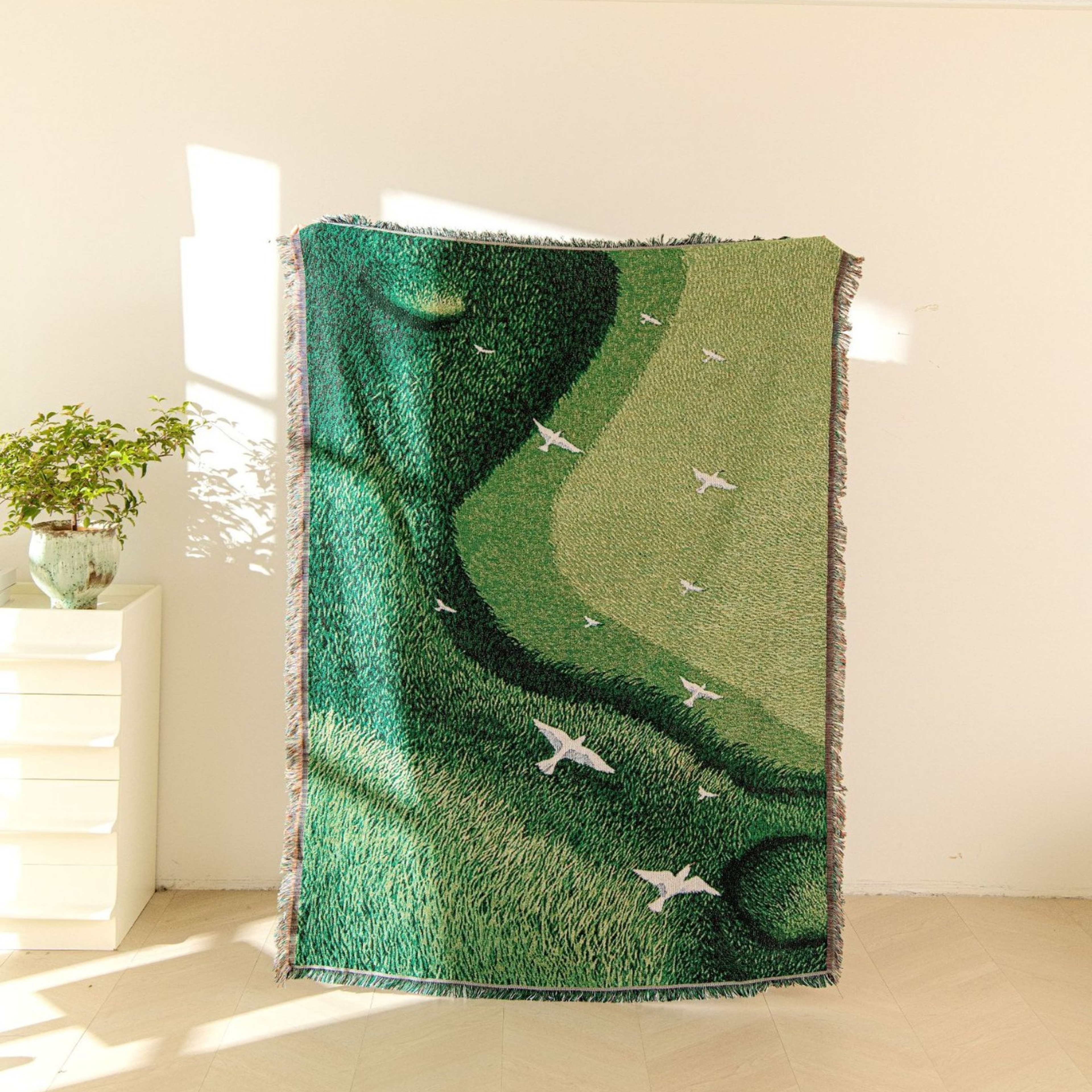 Abstract Landscape Woven Throw Blanket with Flying Birds Fringed Nature Decor Sofa & Bed Throw – view 7