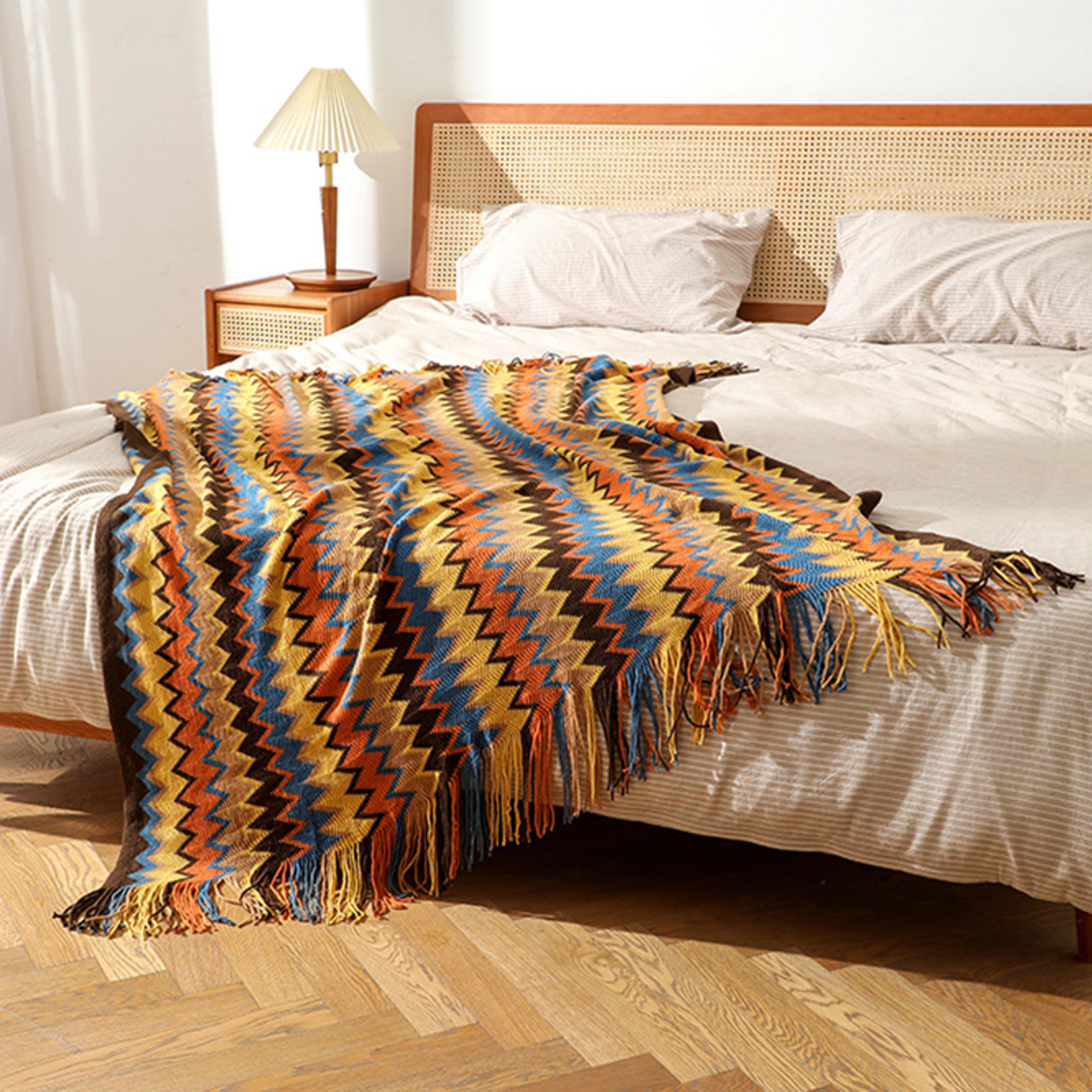 Boho Throw Blanket Knitted Striped Tassel Decorative Sofa  Bed Throw 0