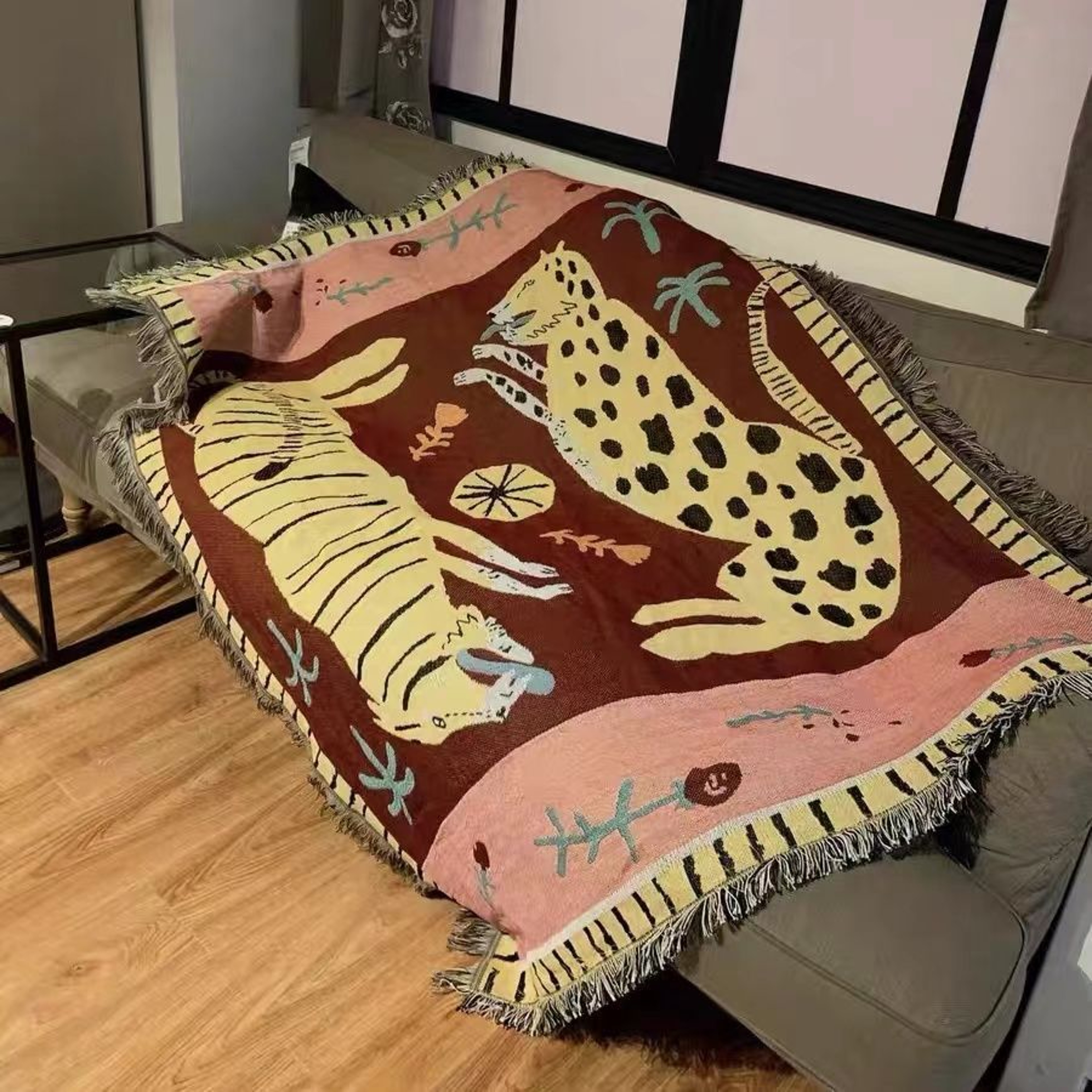 Boho Leopard Tiger Jacquard Throw Blanket With Fringe Woven Safari Animal Print Home Decor 2