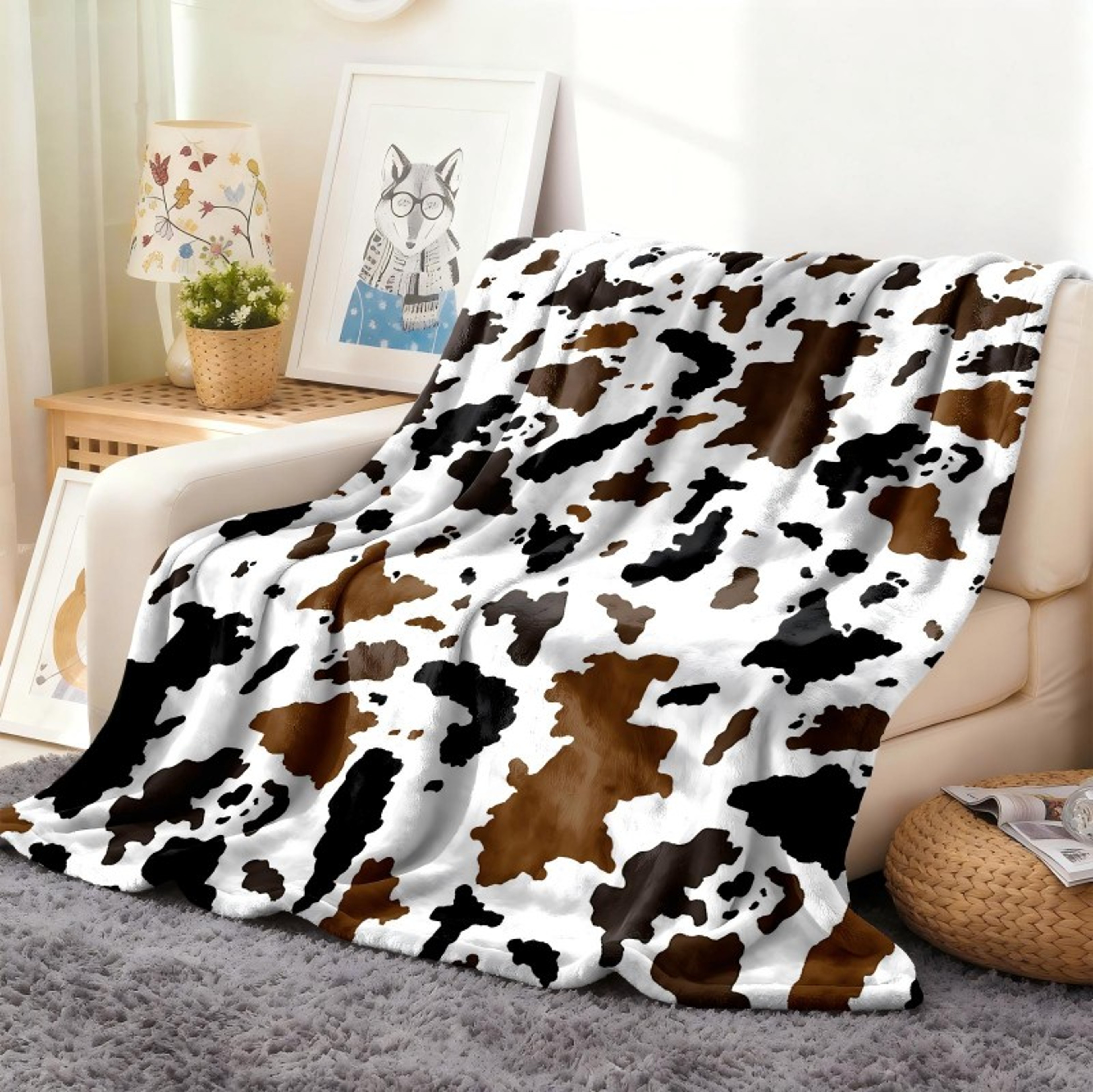 Cow Print Flannel Throw Blanket Soft Fleece Cowhide Pattern All Season Blanket For Sofa Bed  Travel 8