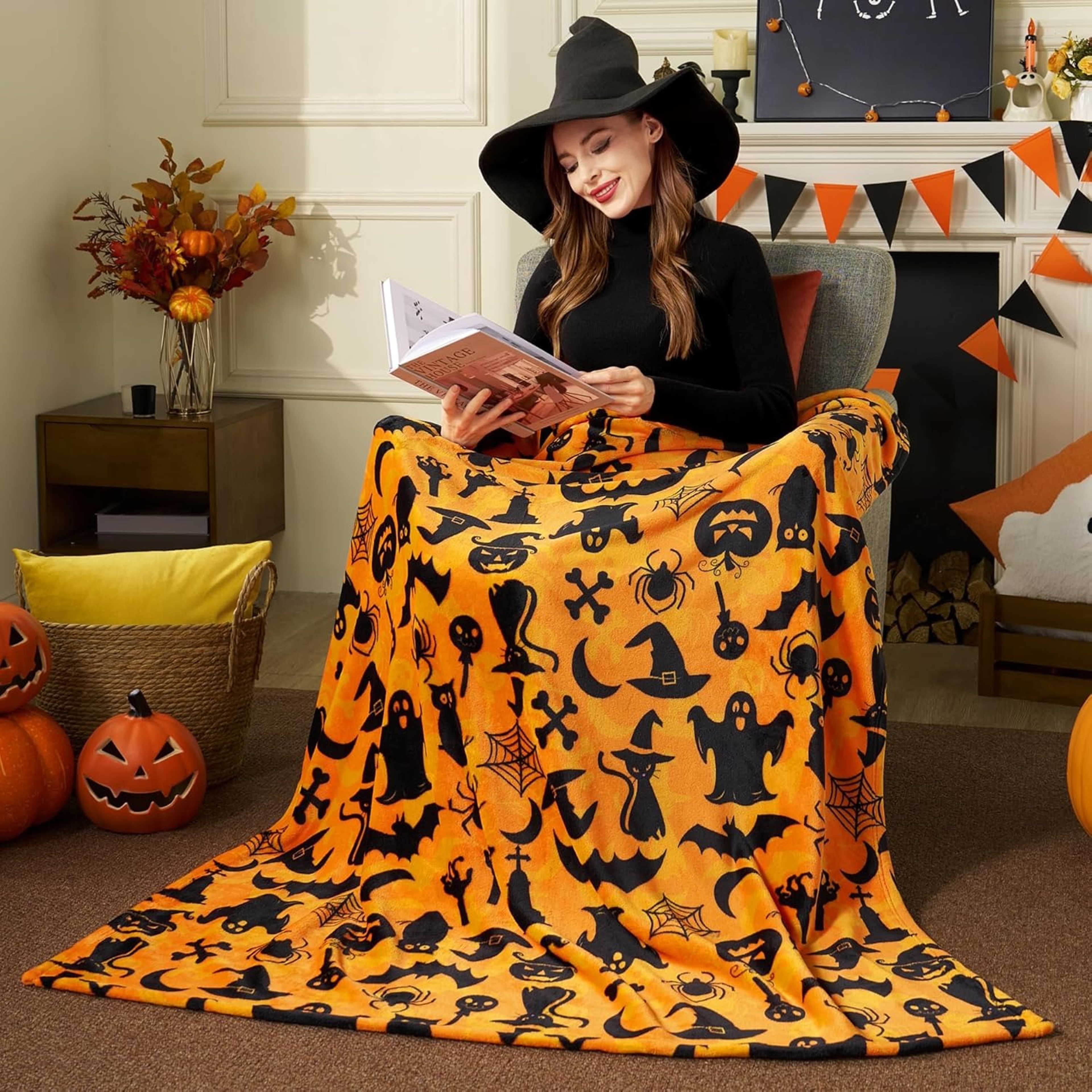 Cozy Halloween Throw Blanket Spooky Ghost Bat  Pumpkin Lightweight Blanket For Couch Bed  Travel 1