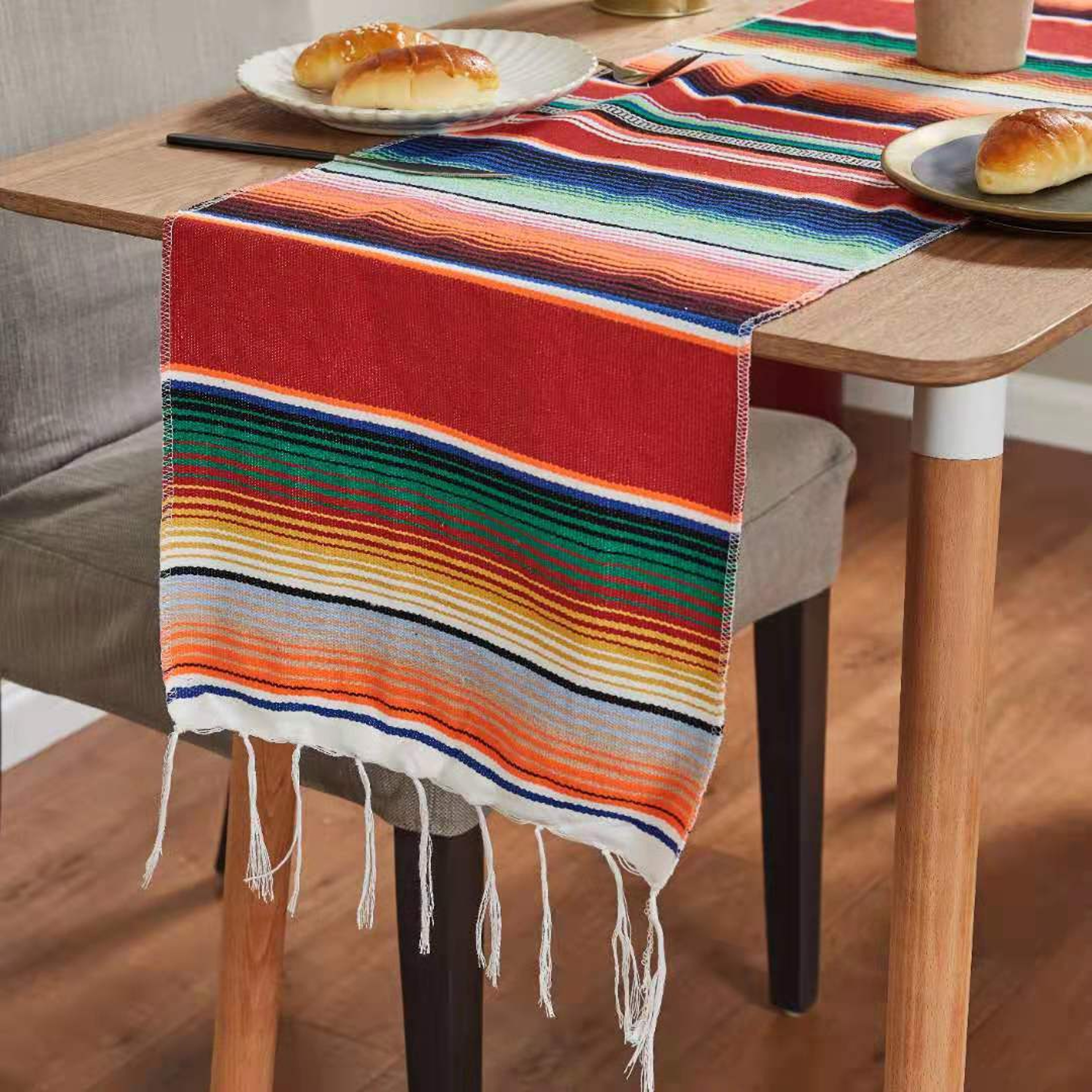 Colorful Woven Mexican Table Runner With Fringe Boho Striped Fiesta Table Decor 2