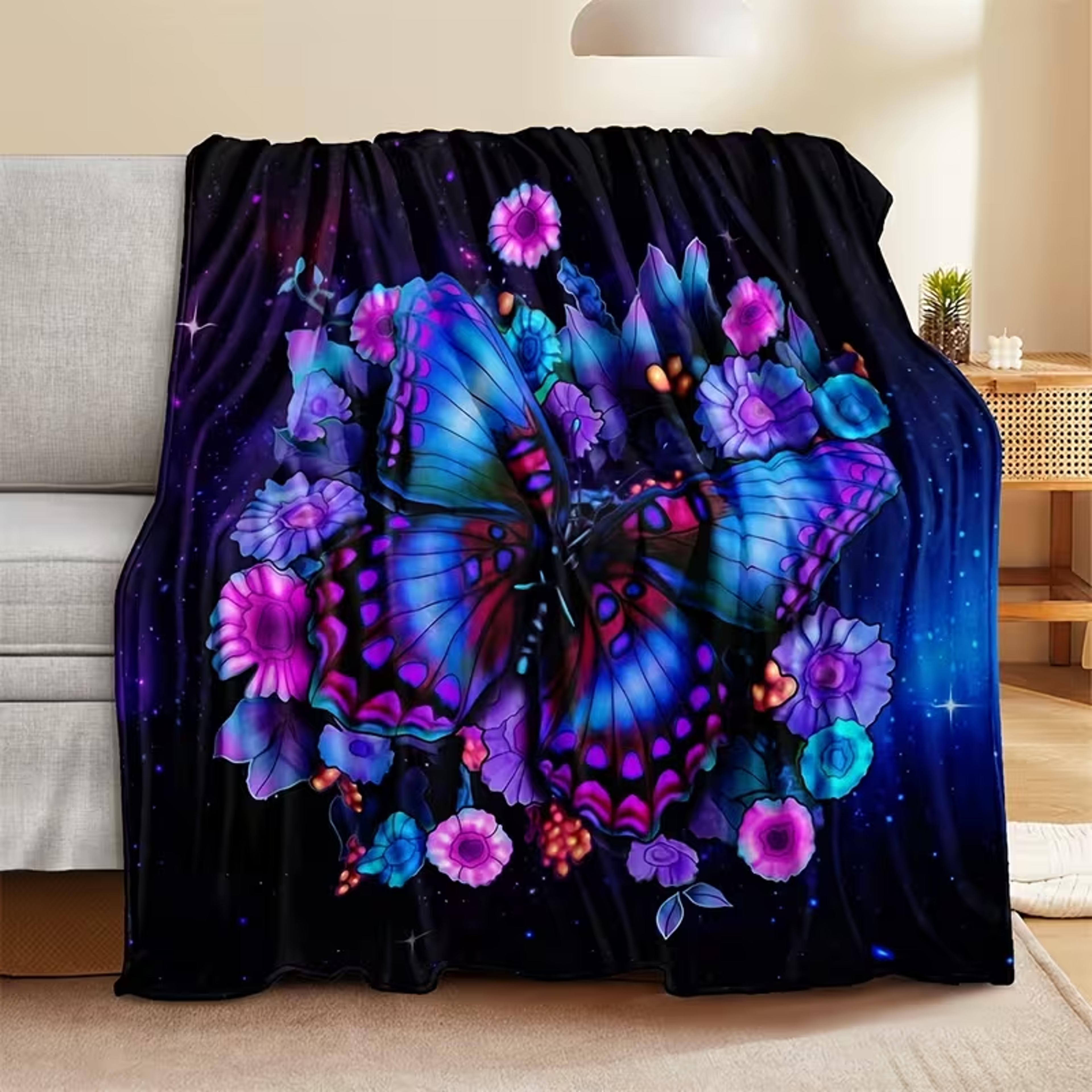 Purple Butterfly Flannel Throw Blanket Soft Plush Starry Sky Blanket For Bed Sofa  Travel 2