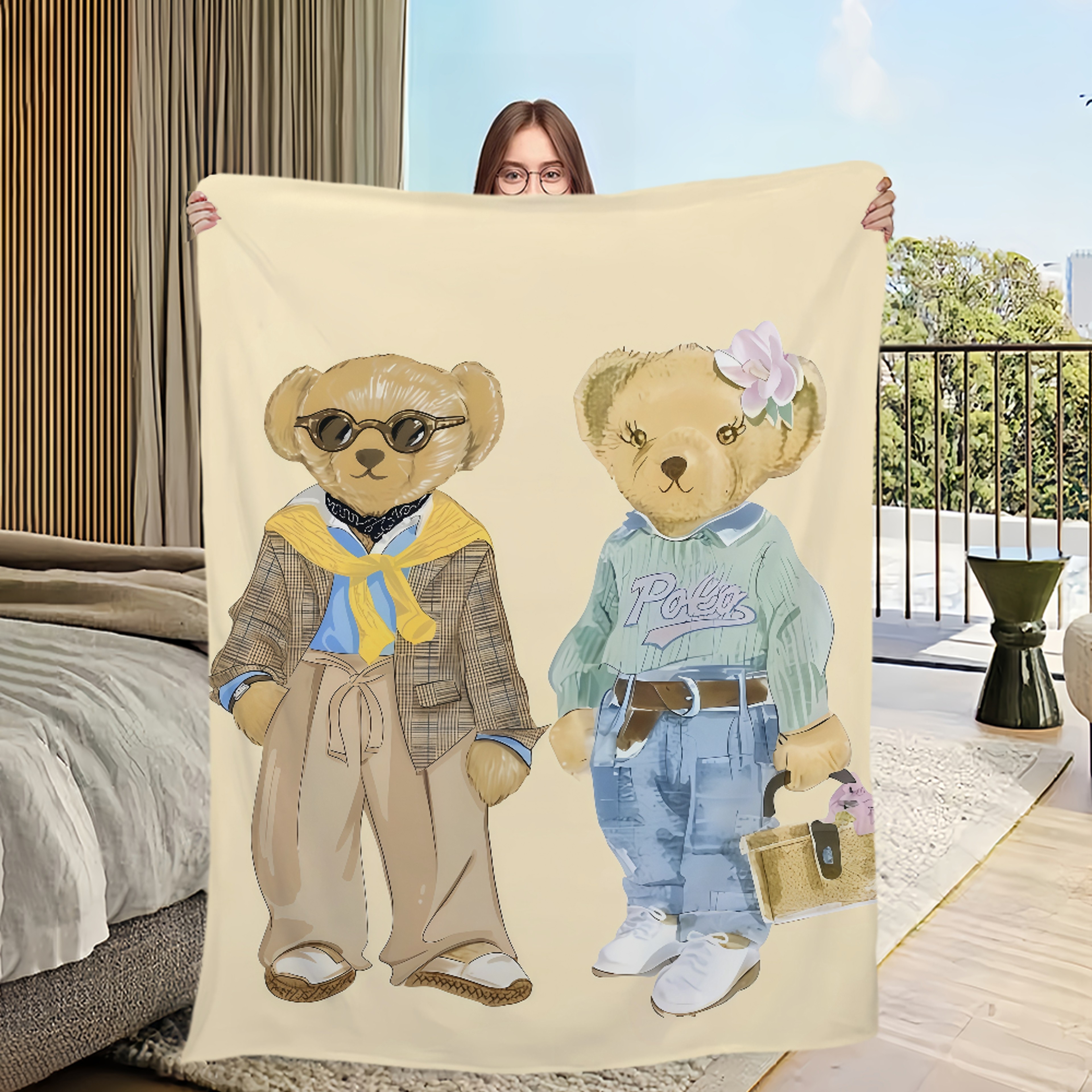 Cute Bear Cartoon Flannel Blanket Soft Plush Throw for Sofa, Bed, Travel & Cozy Home Decor – view 7
