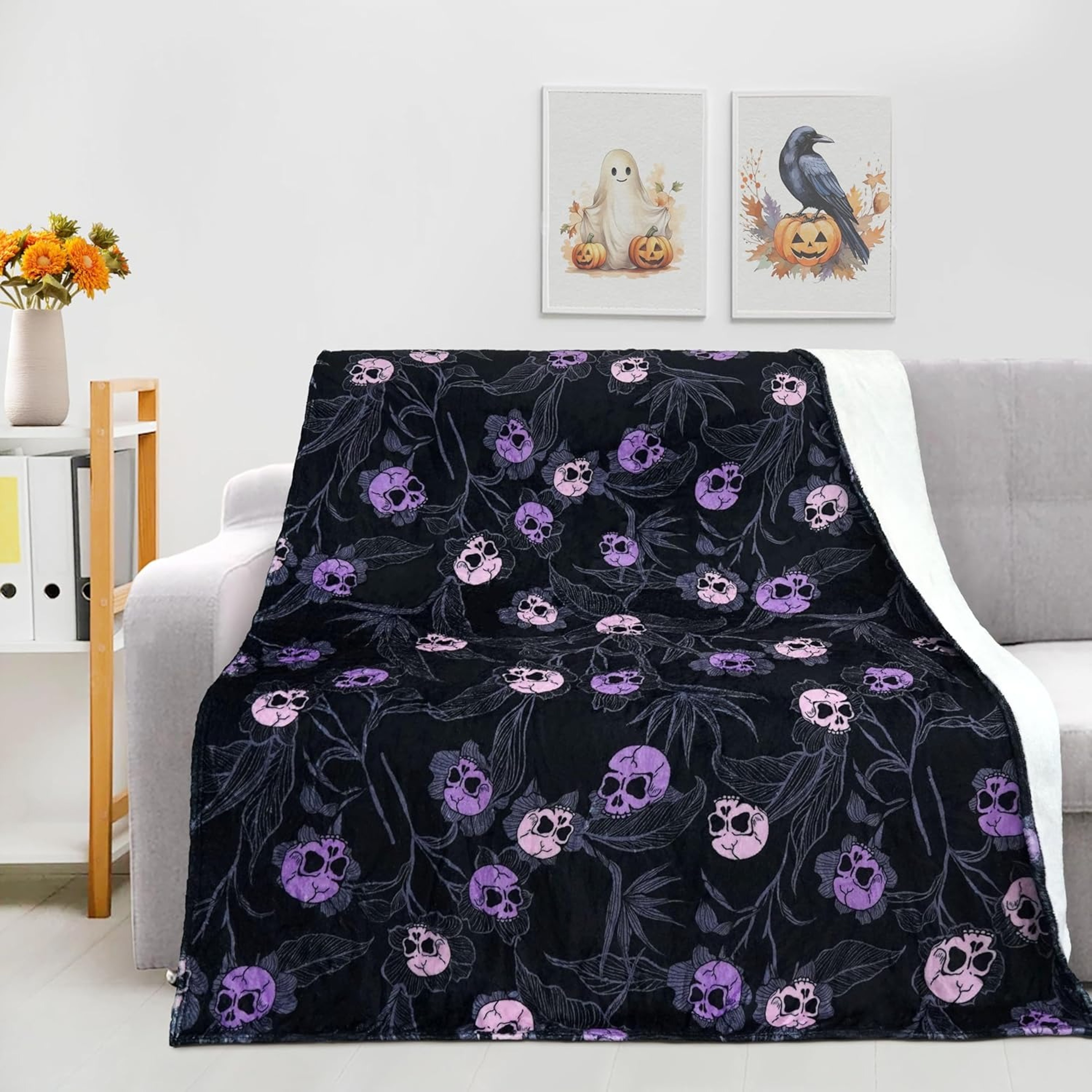 Halloween Throw Blanket Soft Skull Blanket With Gothic Floral Skeleton Design For Couch Bed  Travel 2