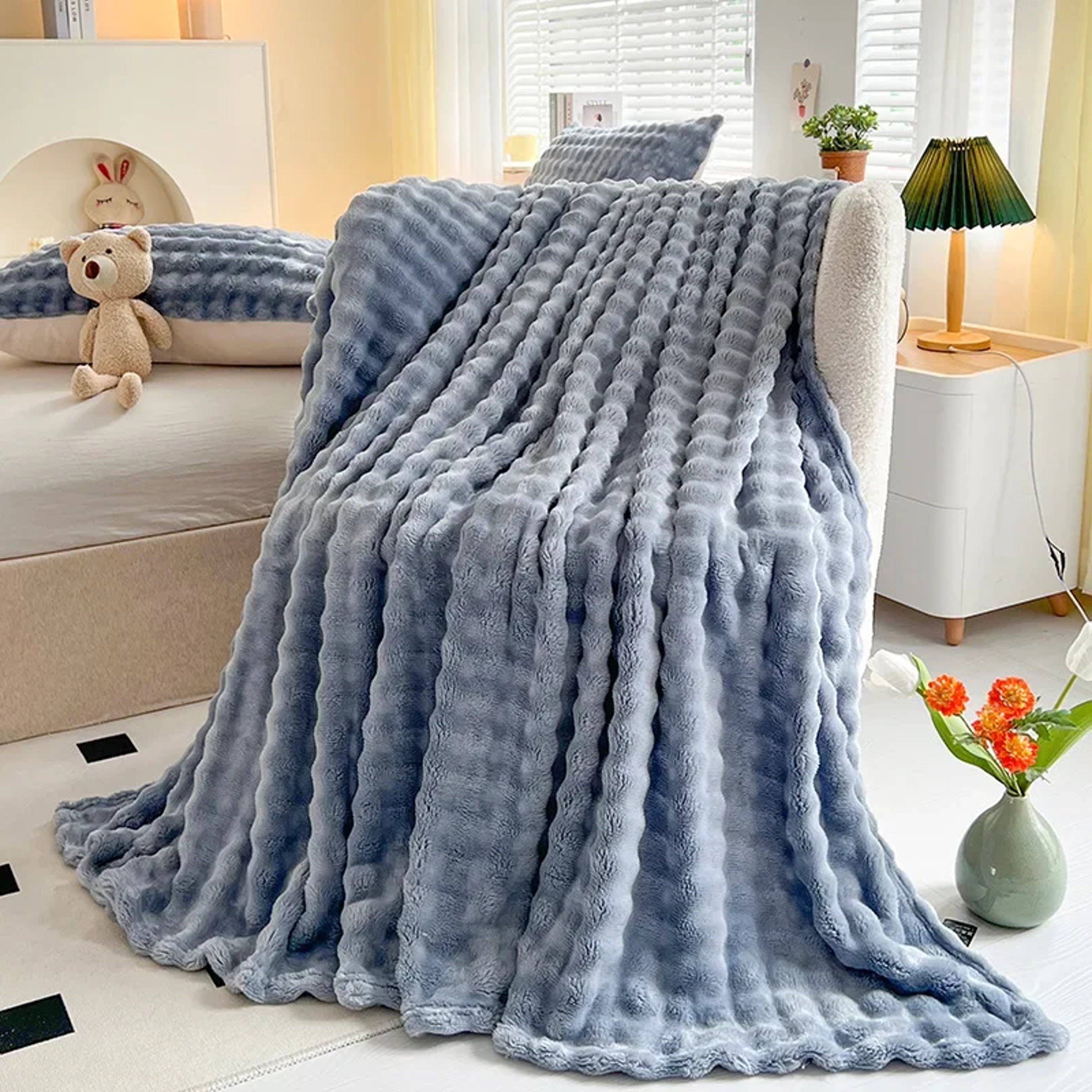 Luxury Faux Rabbit Fur Throw Blanket Fluffy Striped Soft Plush Cozy Sofa  Bed Blanket 0
