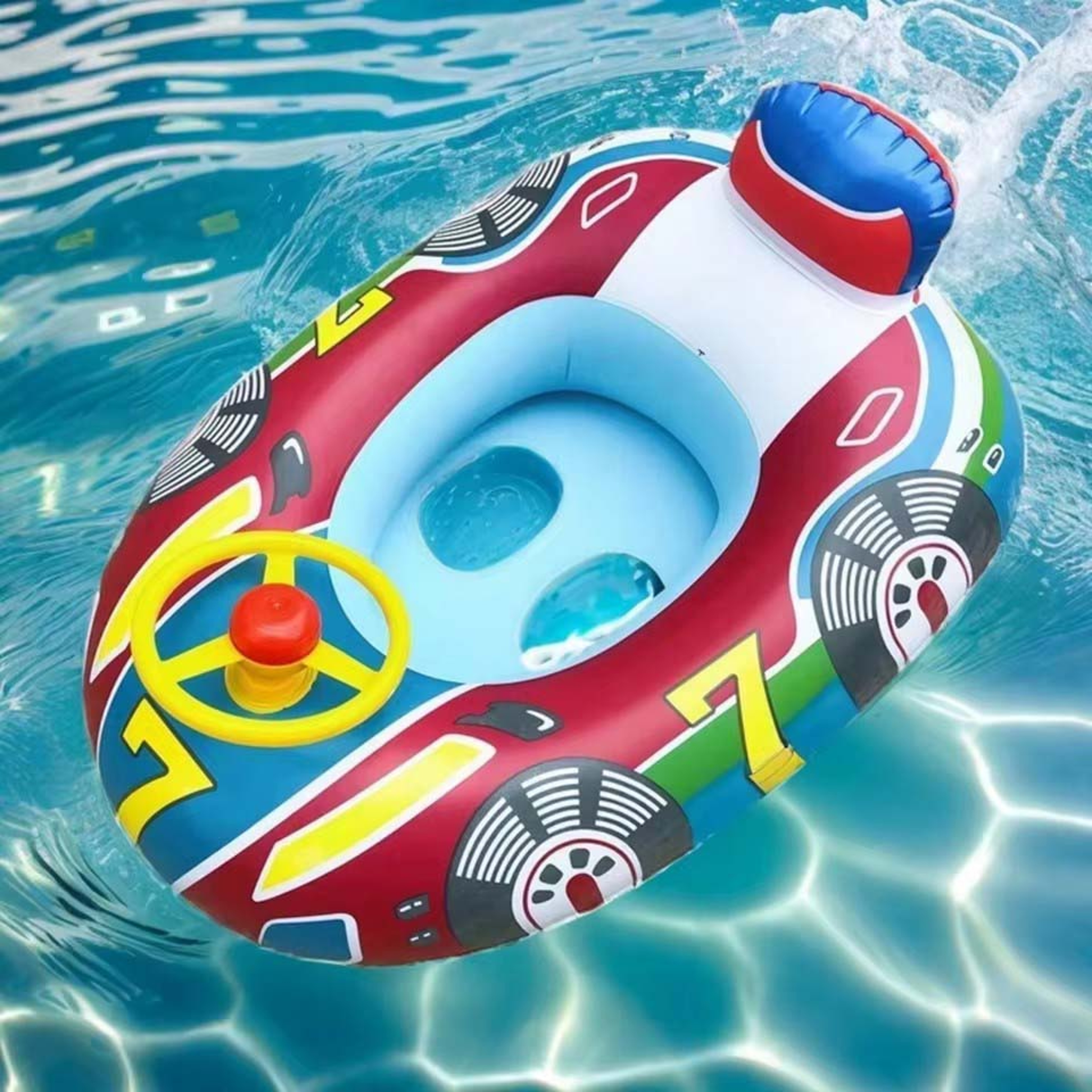 Cute Car Baby Pool Float with Steering Wheel & Handles Inflatable Toddler Swim Ring for Summer Water Fun – view 4