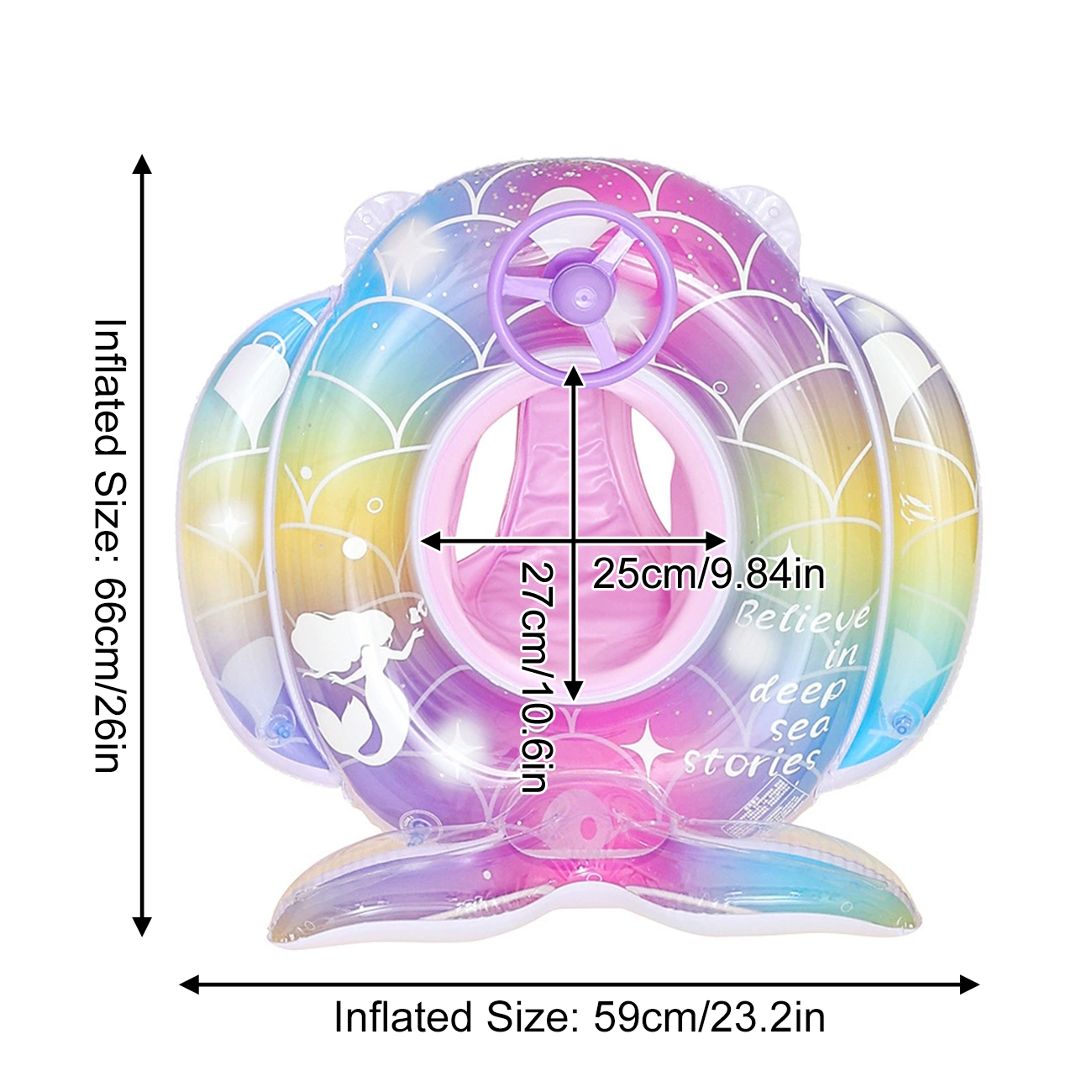 Rainbow Mermaid Pool Float With Steering Wheel Glitter Inflatable Pool Seat For Kids Summer Fun 4