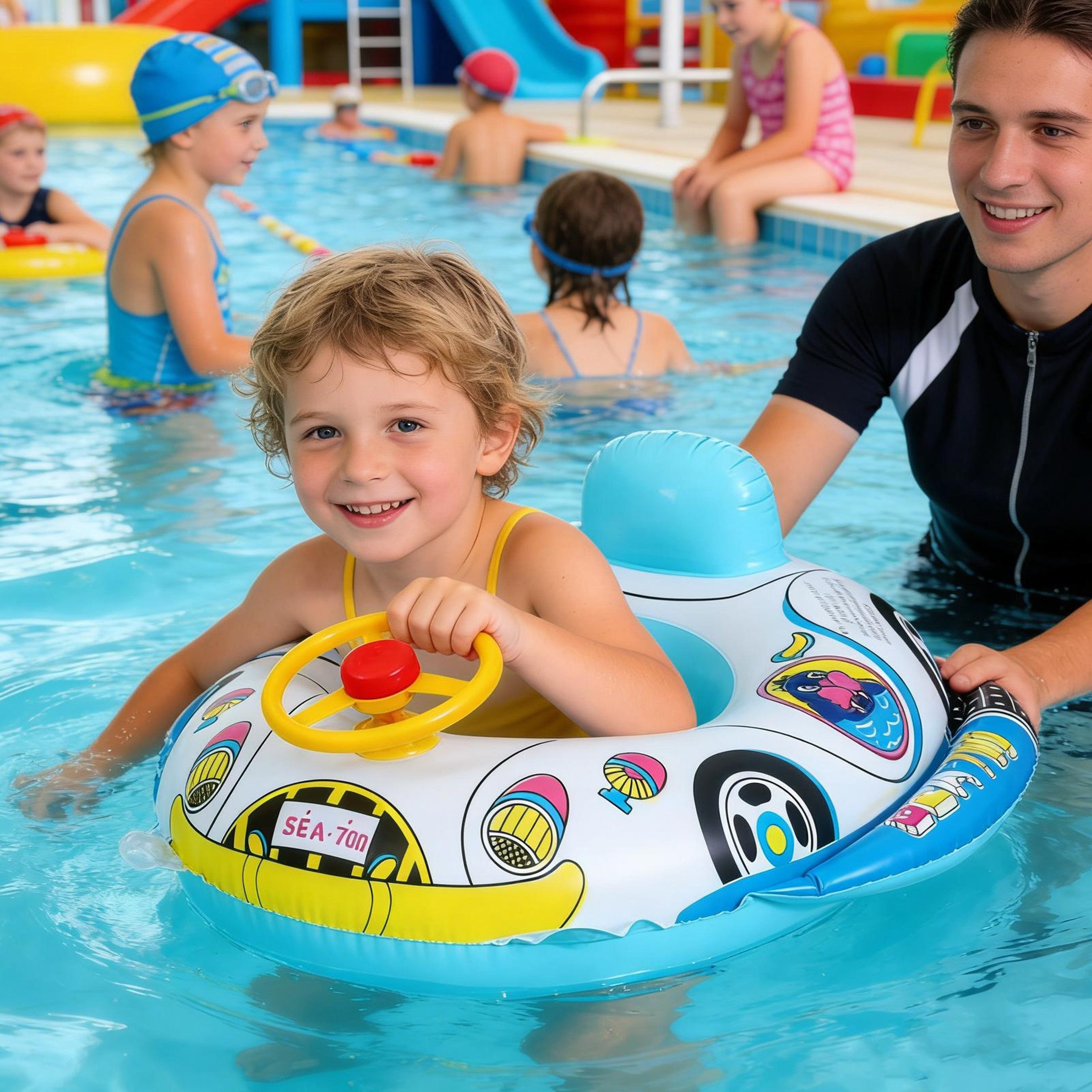 Steering Wheel Baby Pool Float With Backrest Inflatable Toddler Swim Seat For Pool  Beach 1