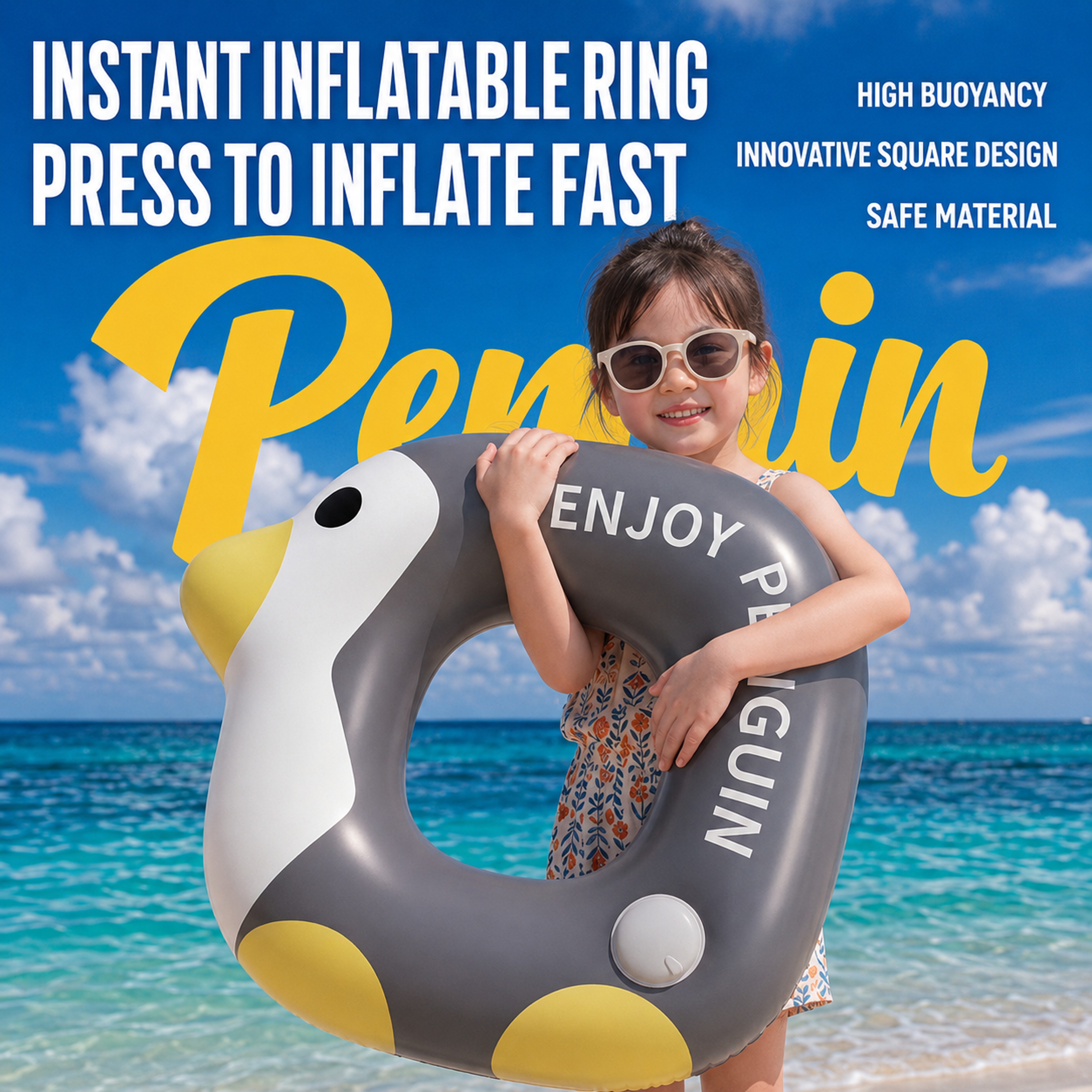 Duck  Penguin Inflatable Swim Ring With Built In Pump  Anti Leak Pool Float For Kids  Summer Fun 0