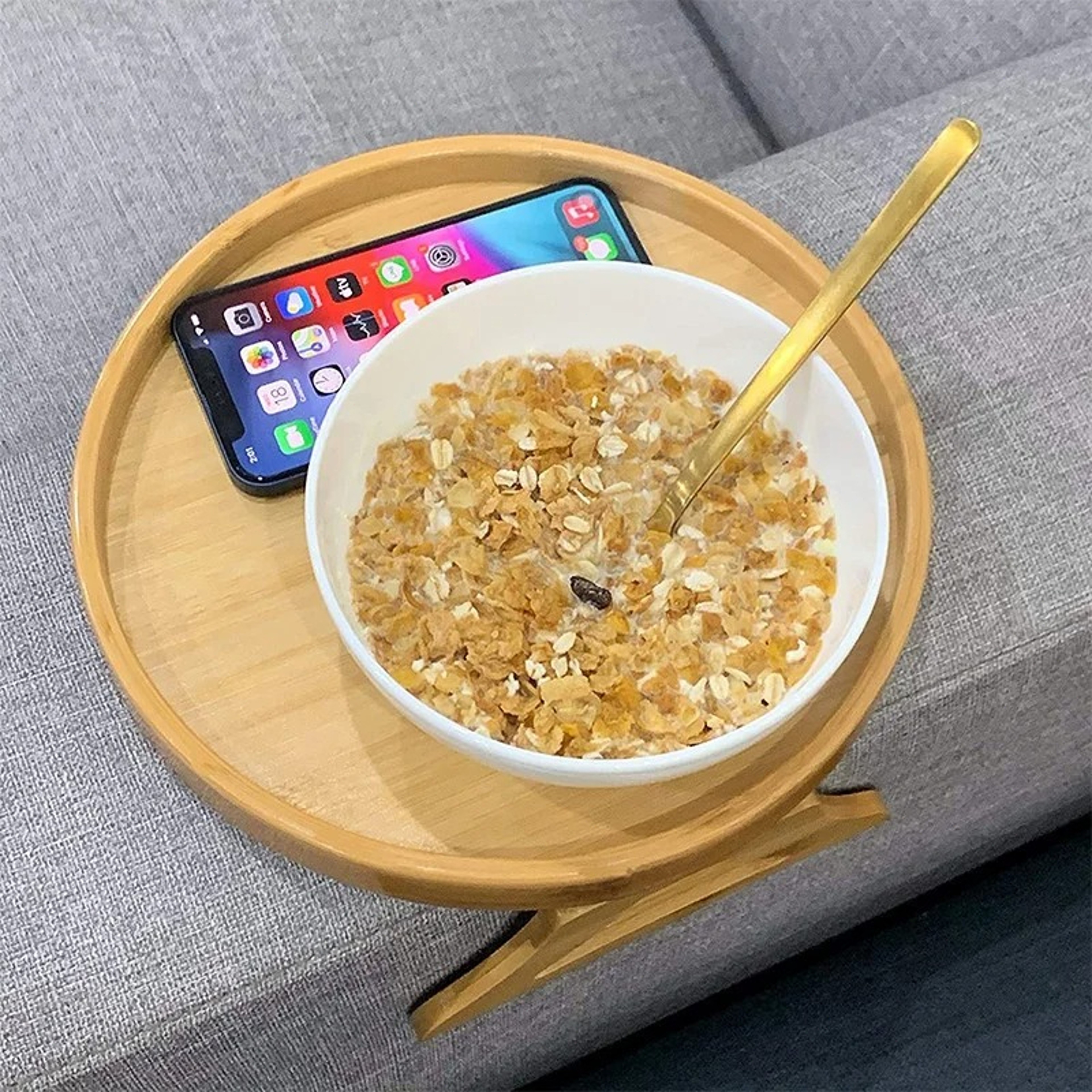 Natural Wood Sofa Arm Tray Foldable Couch Armrest Table For Snacks And Drinks 3