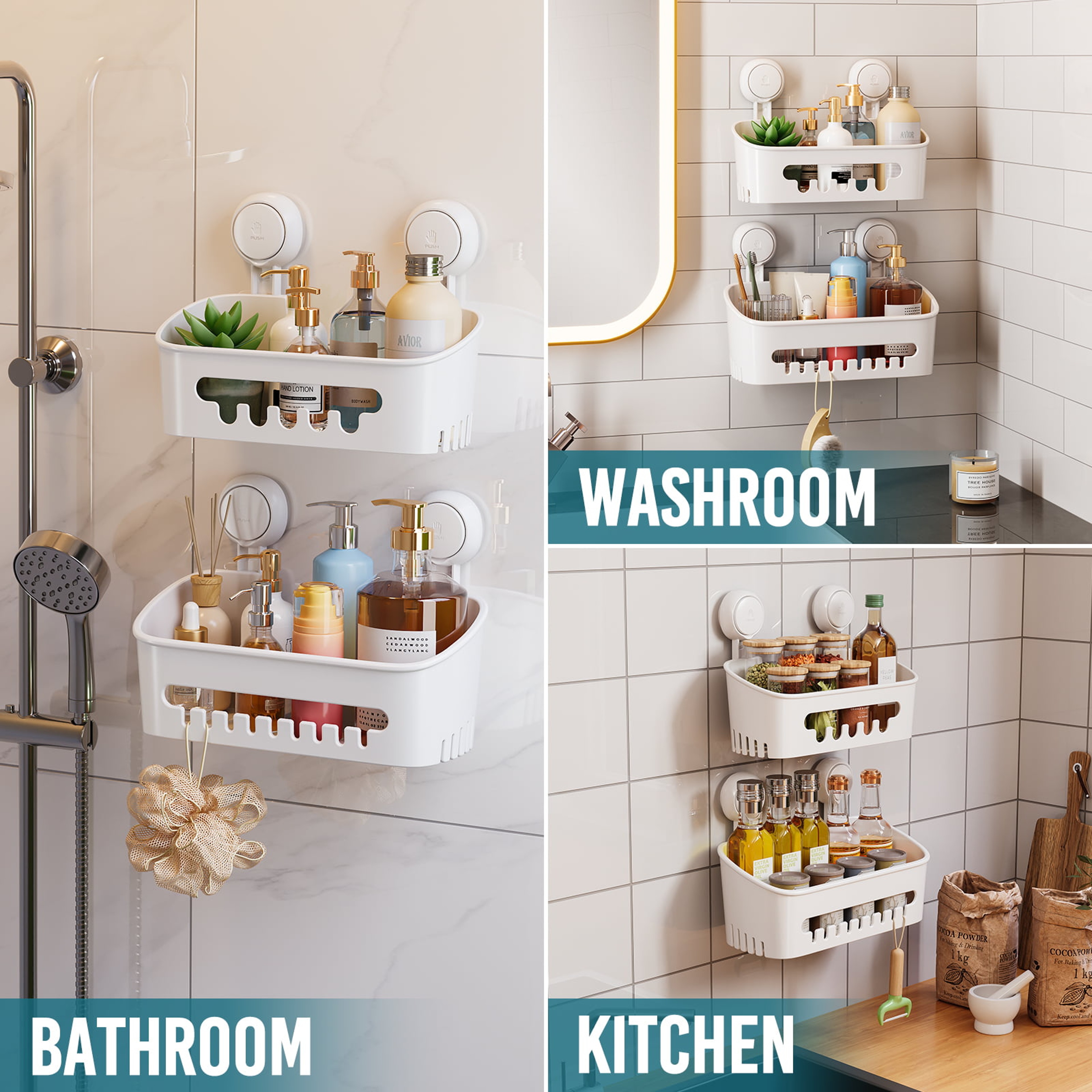 No Drill Bathroom Organizer Suction Cup Storage Rack For Space Saving Wall Storage 4