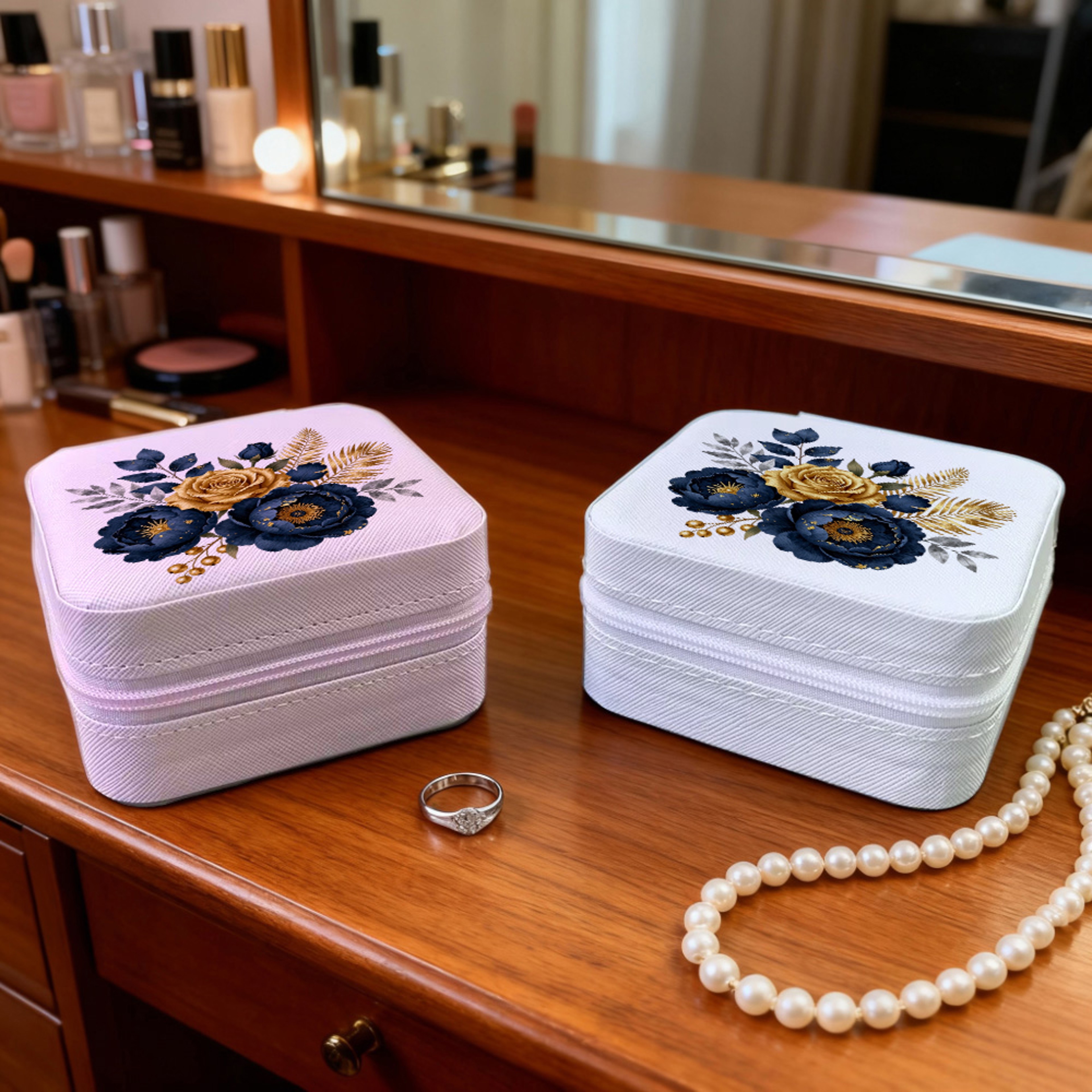 Navy Blue Floral Travel Jewelry Case Portable Jewelry Organizer Box For Women 4