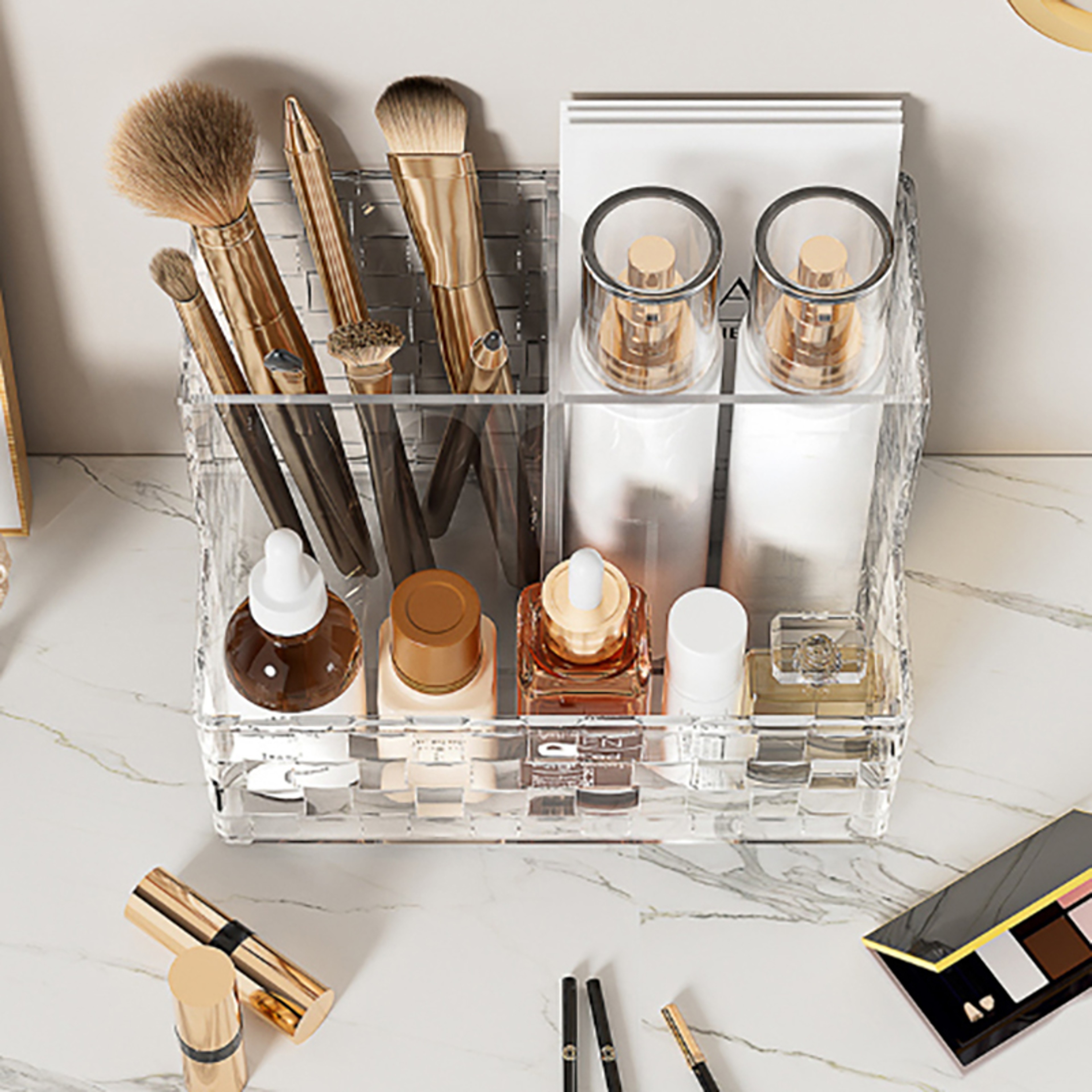 Clear Makeup Organizer And Desktop Storage Box With Multi Compartment Cosmetic And Remote Control S 2