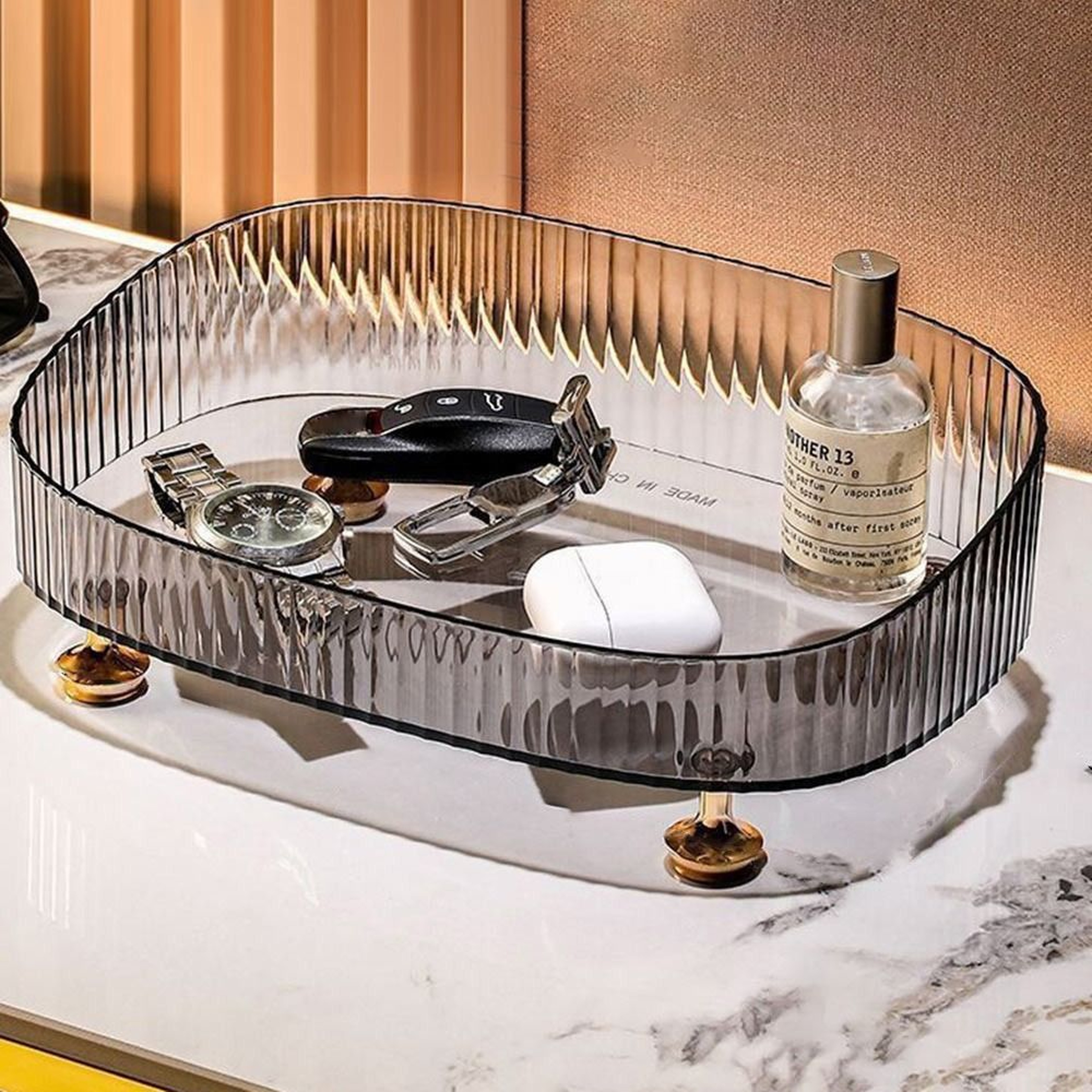 Elegant Clear Makeup Organizer And Perfume Organizer With Gold Stand Vanity Tray 4