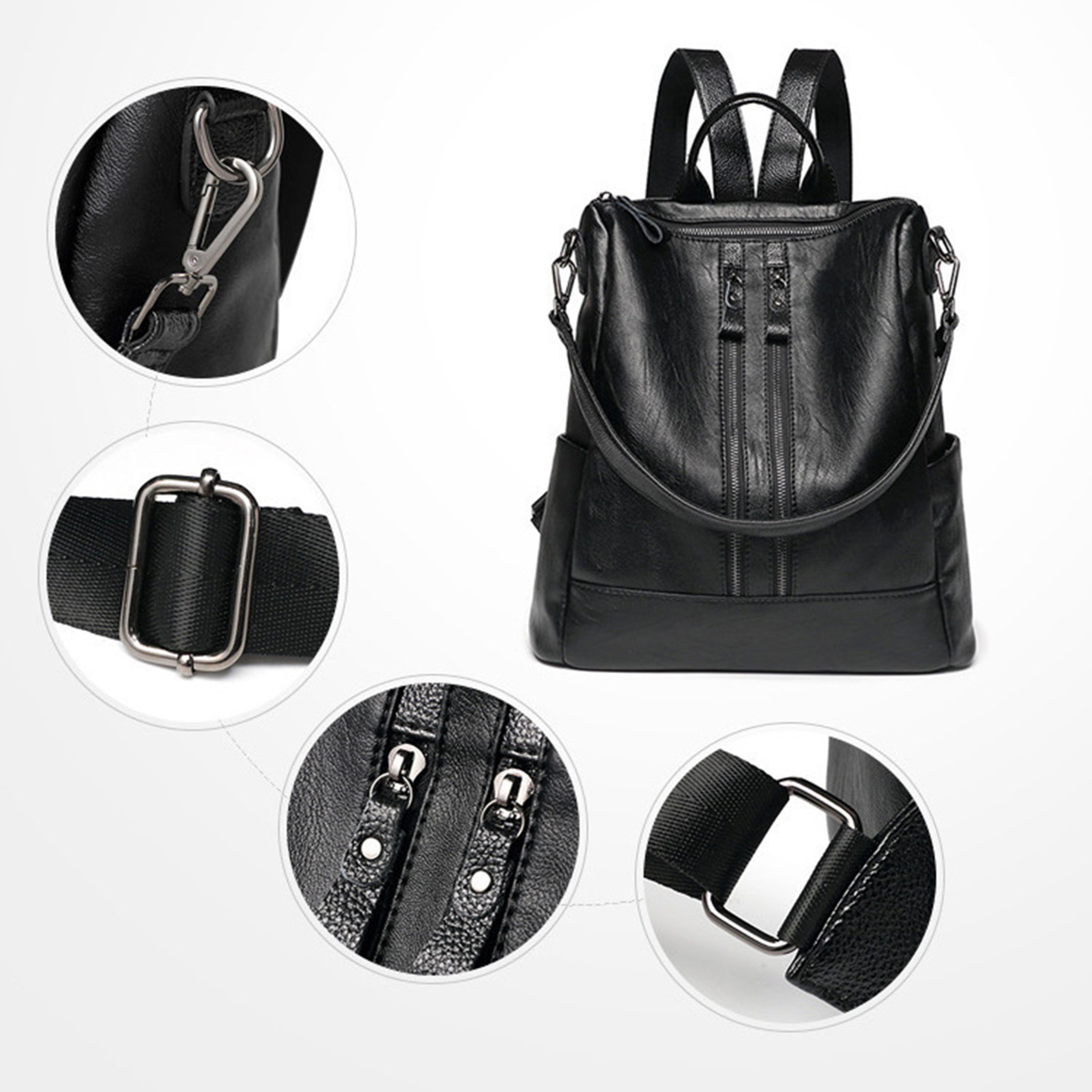 Soft PU Leather Backpack For Women Large Capacity Black Fashion Student Bag 3