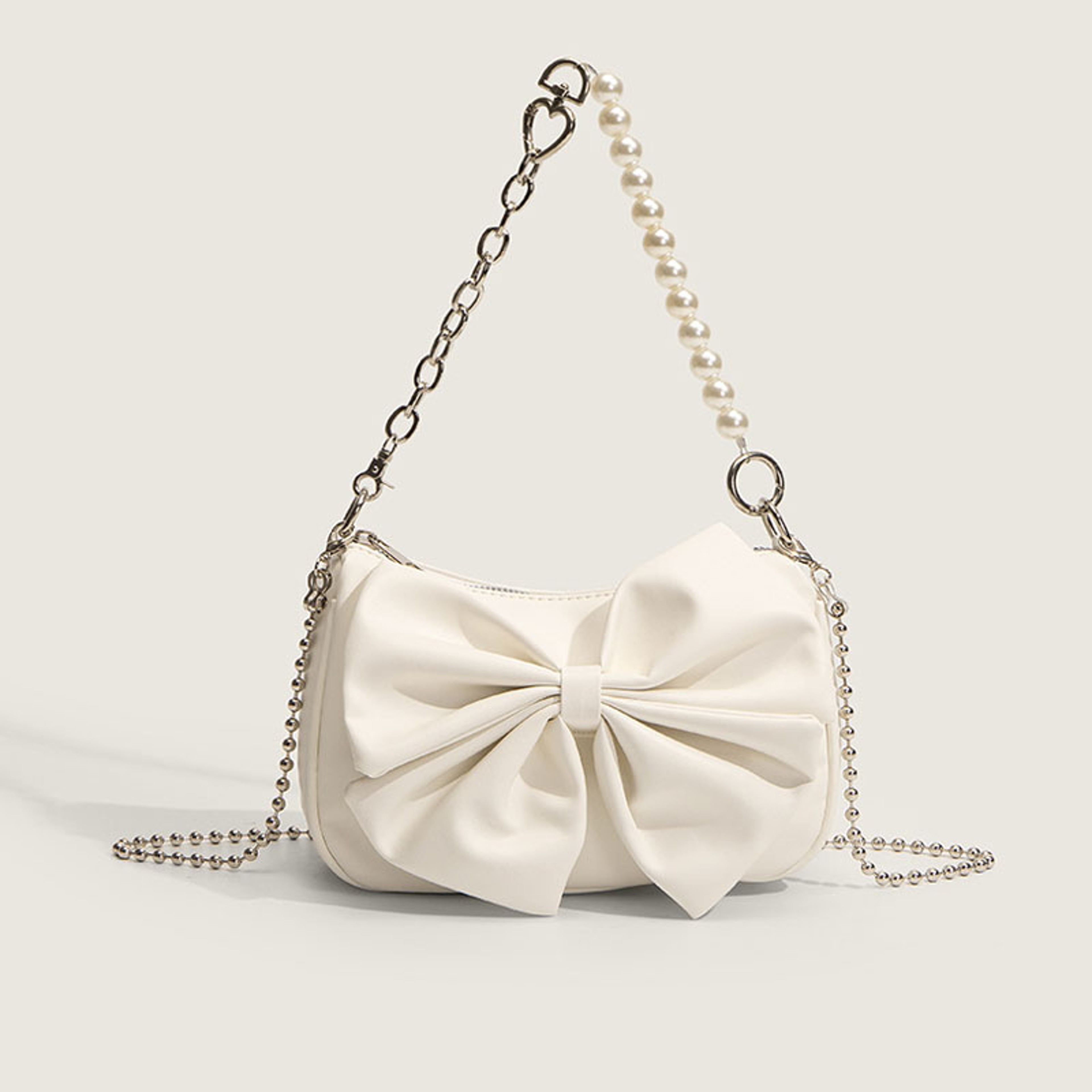 Pearl Chain Bow Shoulder Bag Chic PU Leather Underarm Purse For Women 0