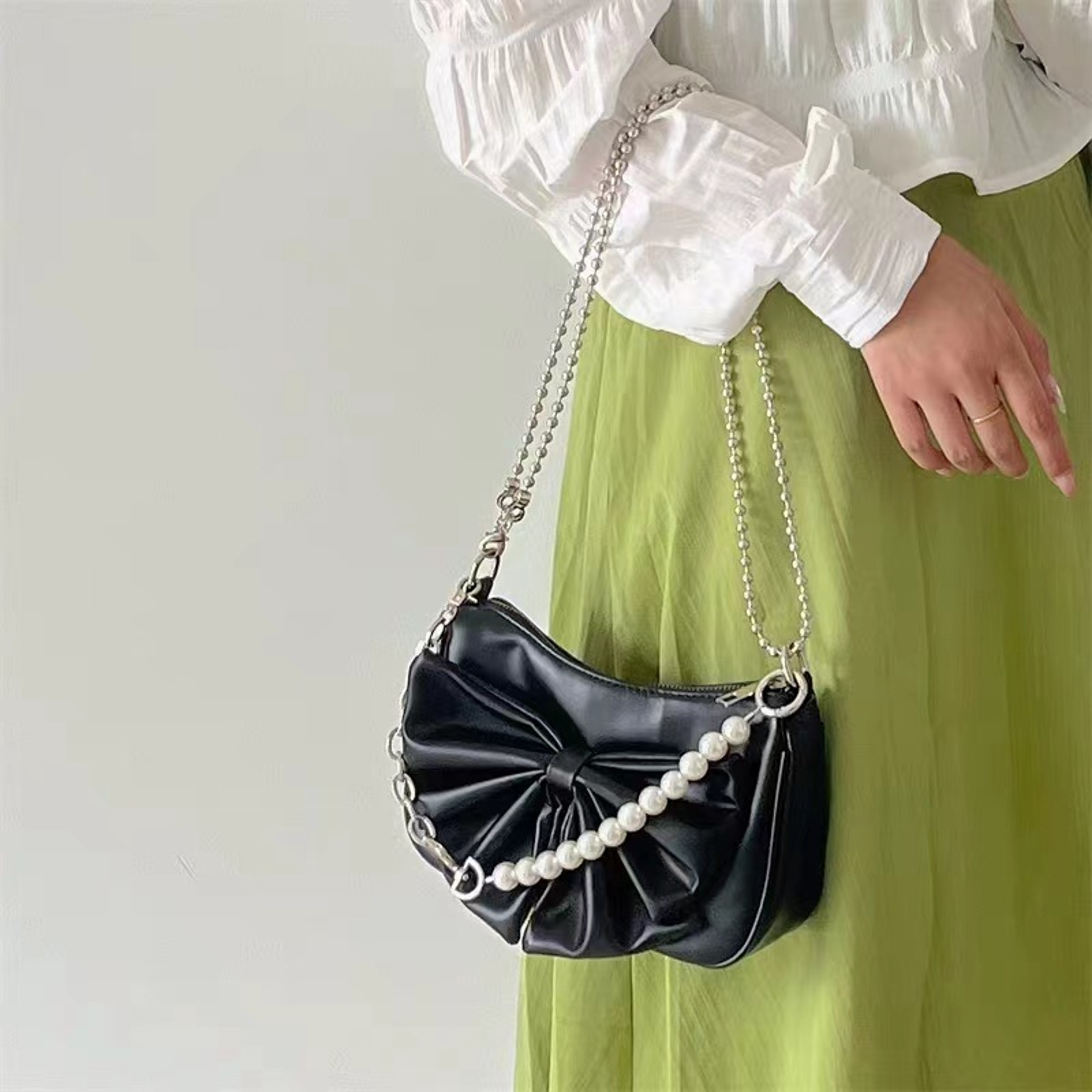 Pearl Chain Bow Shoulder Bag Chic PU Leather Underarm Purse For Women 5