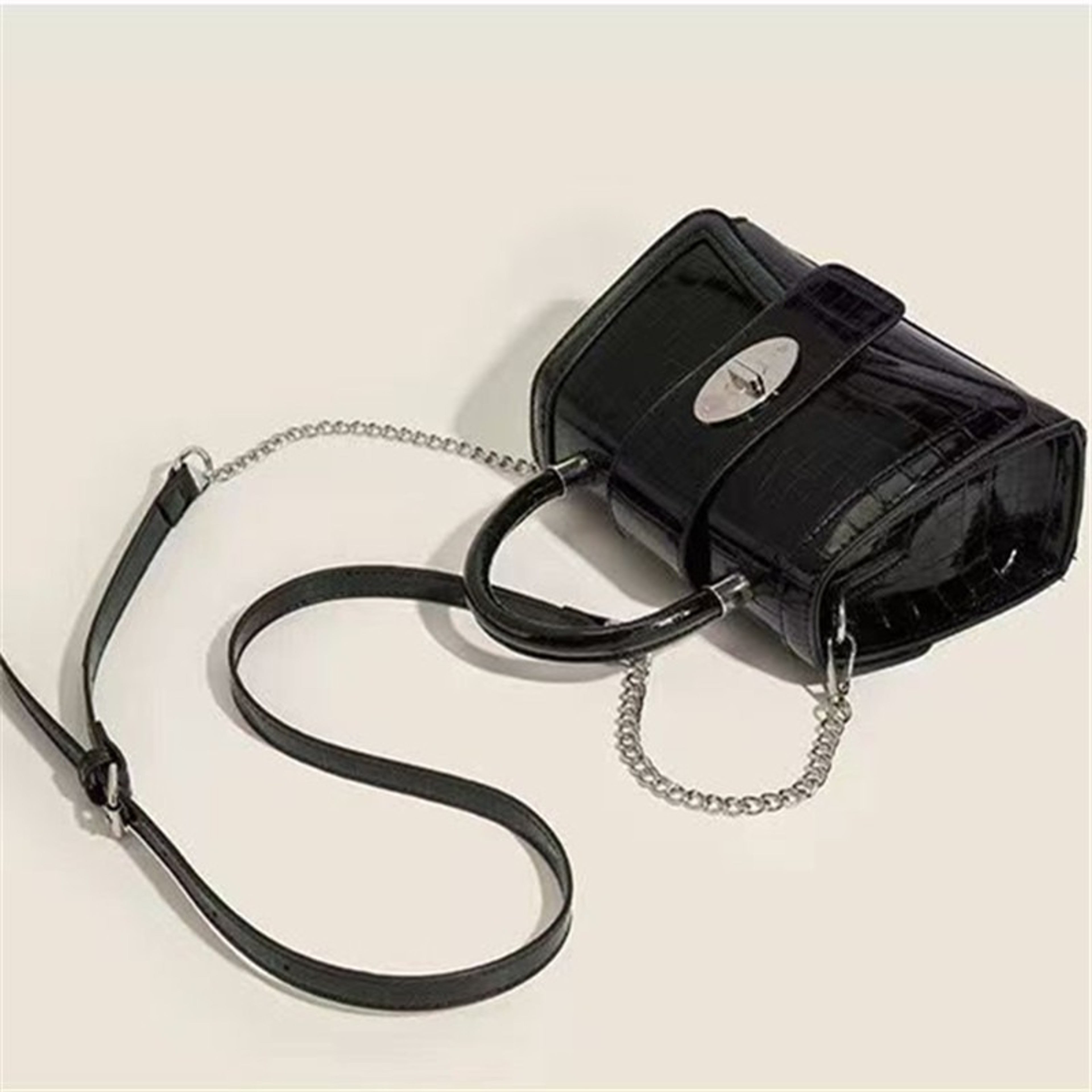 Glossy Black Crocodile Embossed Mini Tote Bag with Removable Chain Crossbody Strap – view 4