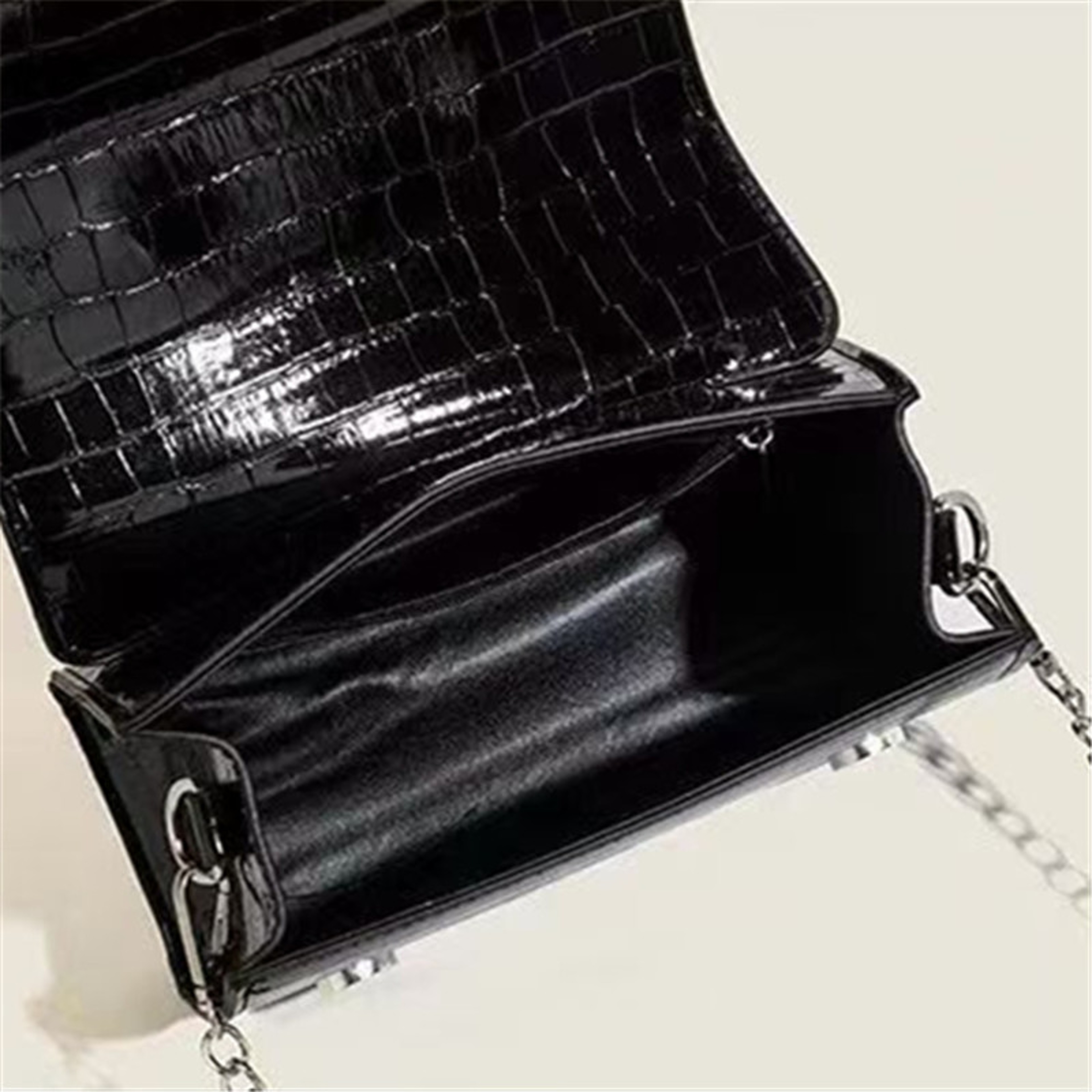 Glossy Black Crocodile Embossed Mini Tote Bag with Removable Chain Crossbody Strap – view 6