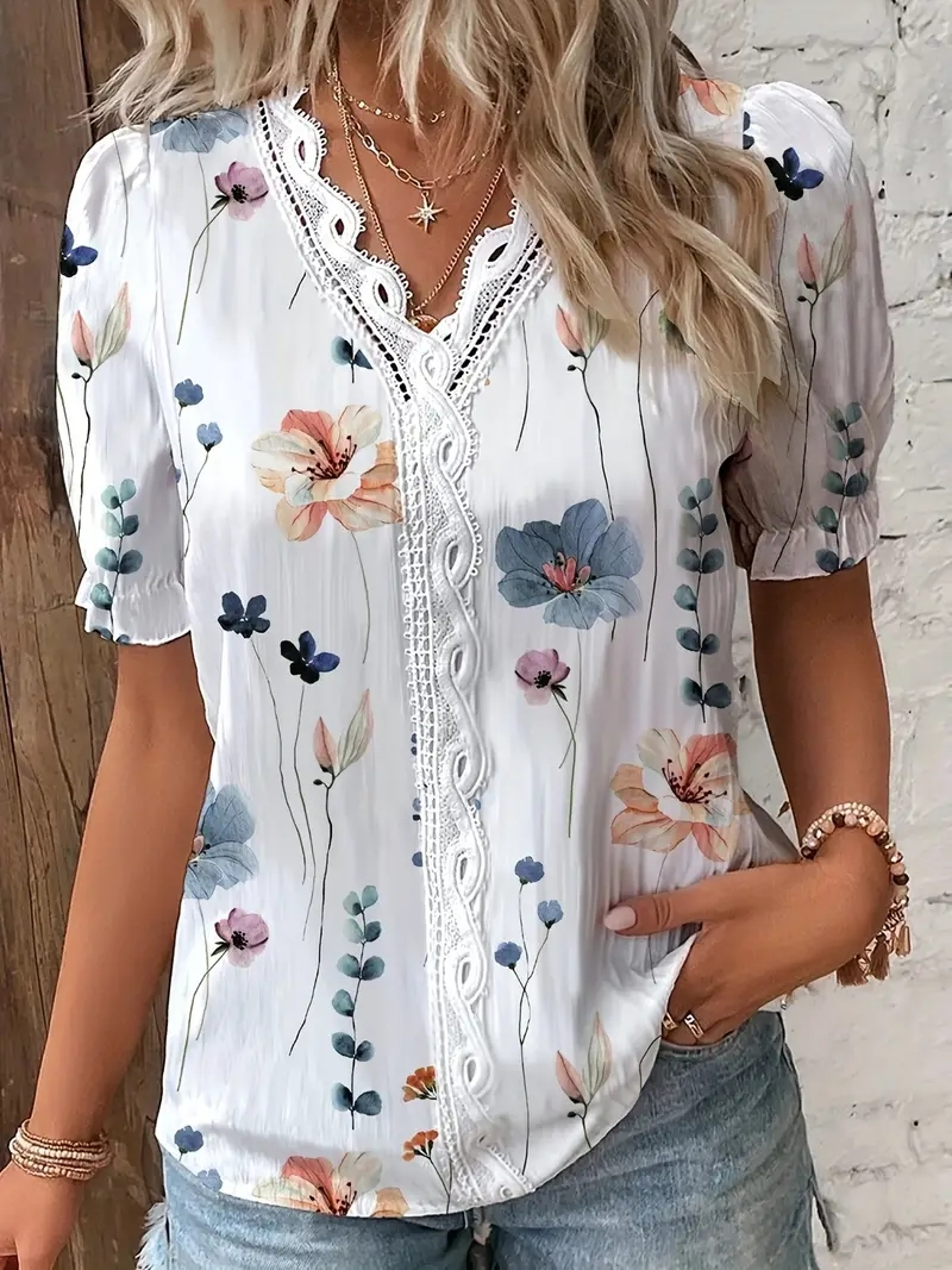 Elegant Womens V Neck Summer Blouse With Hollow Out Jacquard Detail 0