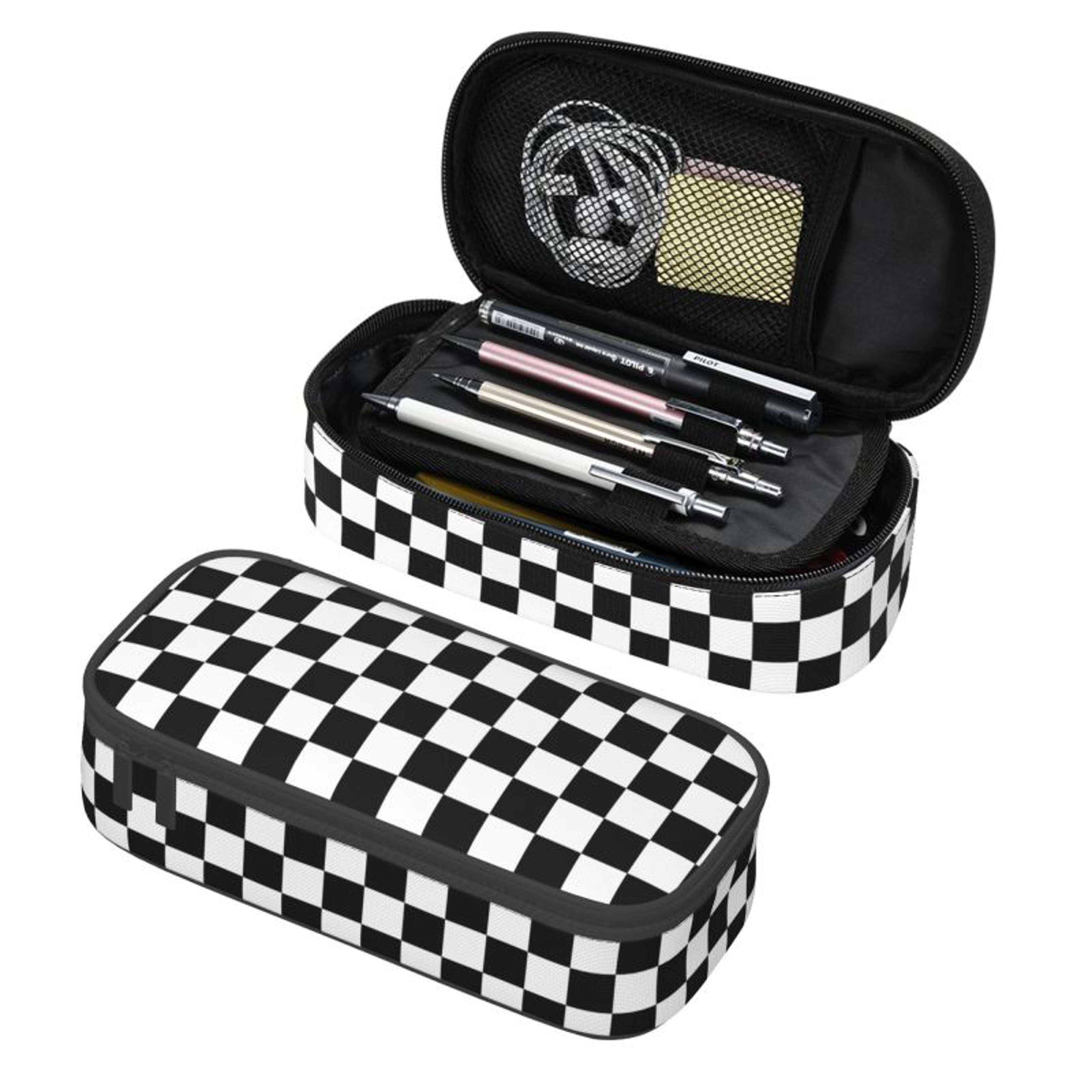 Black  White Checkered Pencil Case Large Capacity Pencil Case With Multi Compartment Storage 0