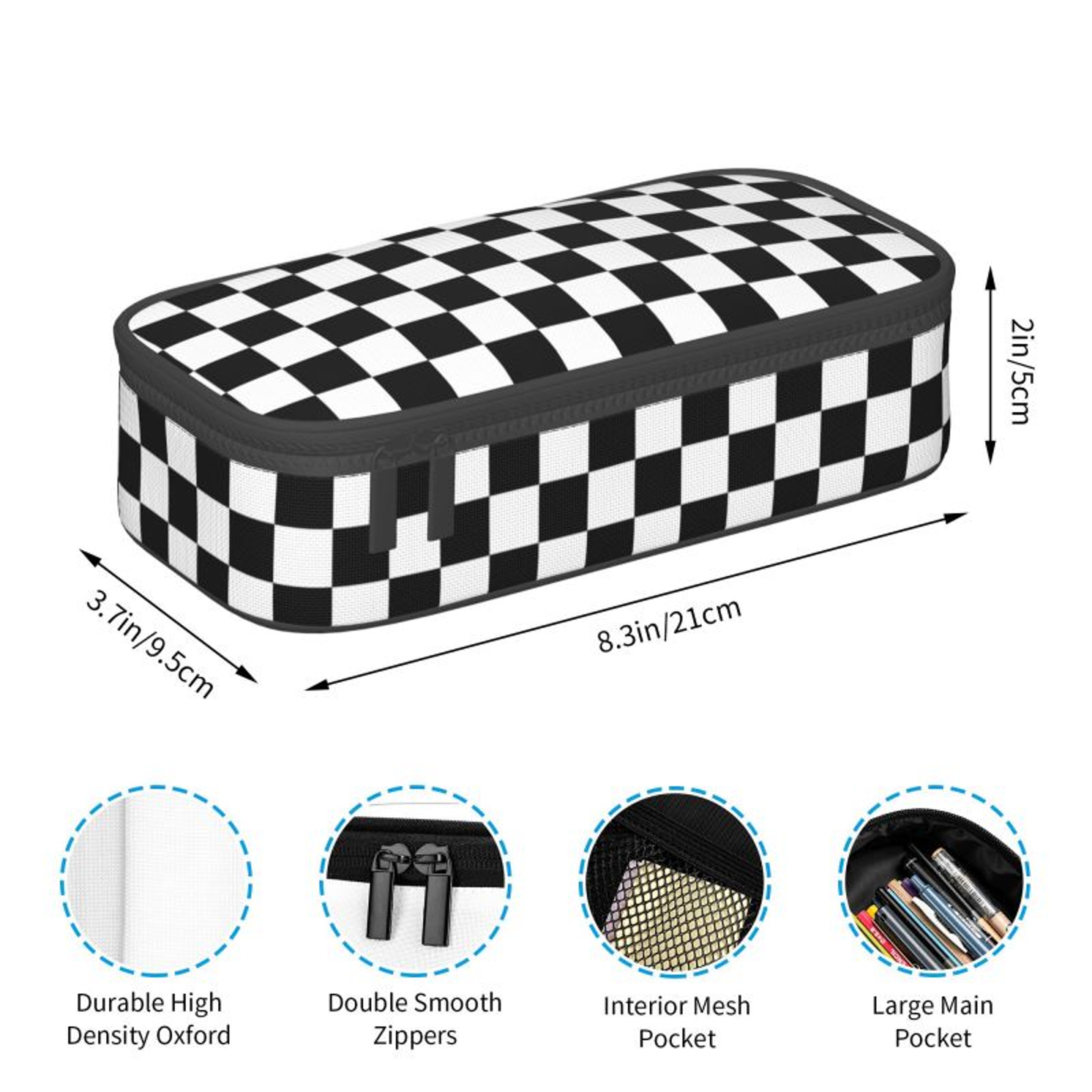 Black  White Checkered Pencil Case Large Capacity Pencil Case With Multi Compartment Storage 3